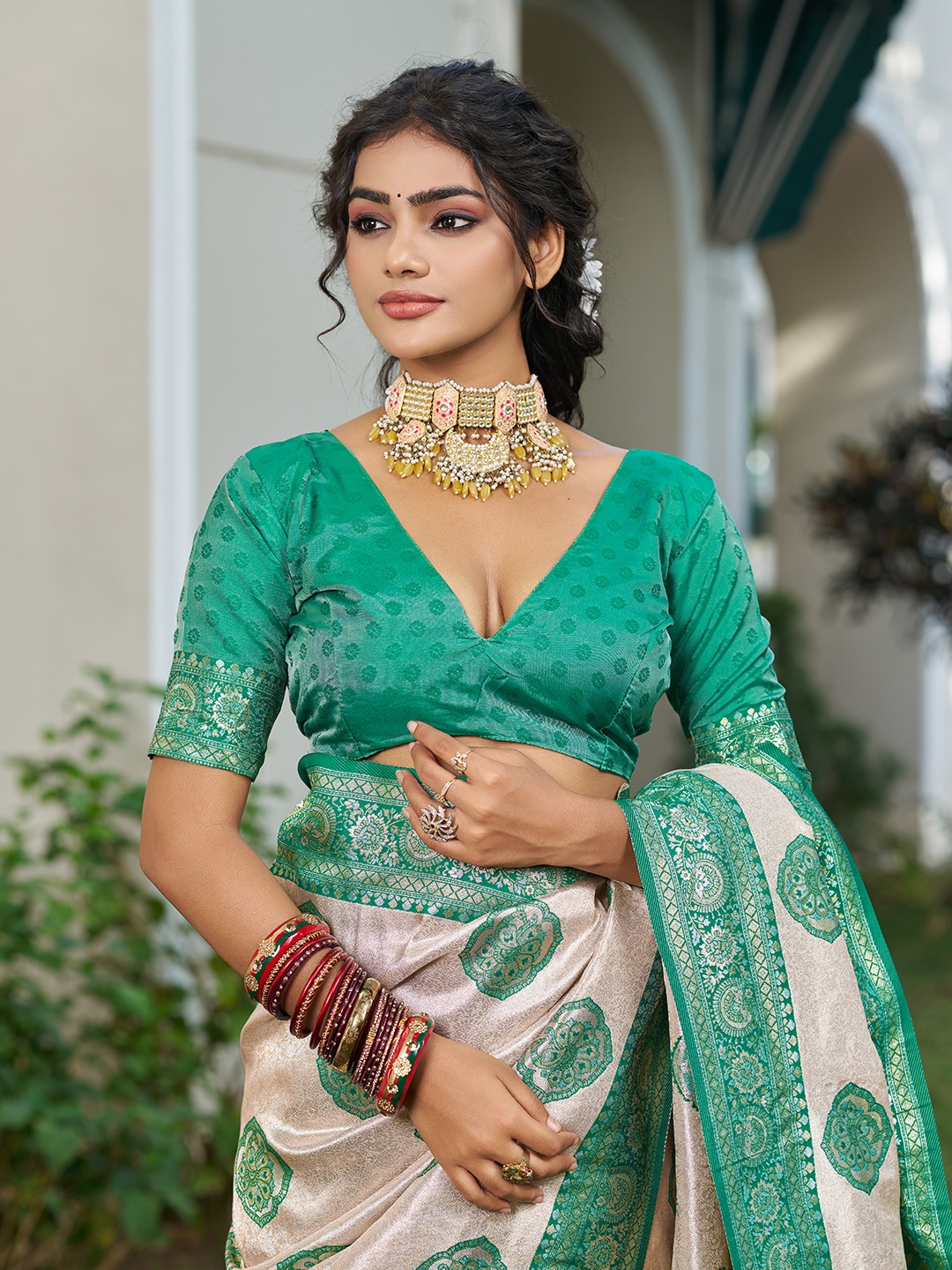 Sea Green Silk Blend Woven Designer Saree