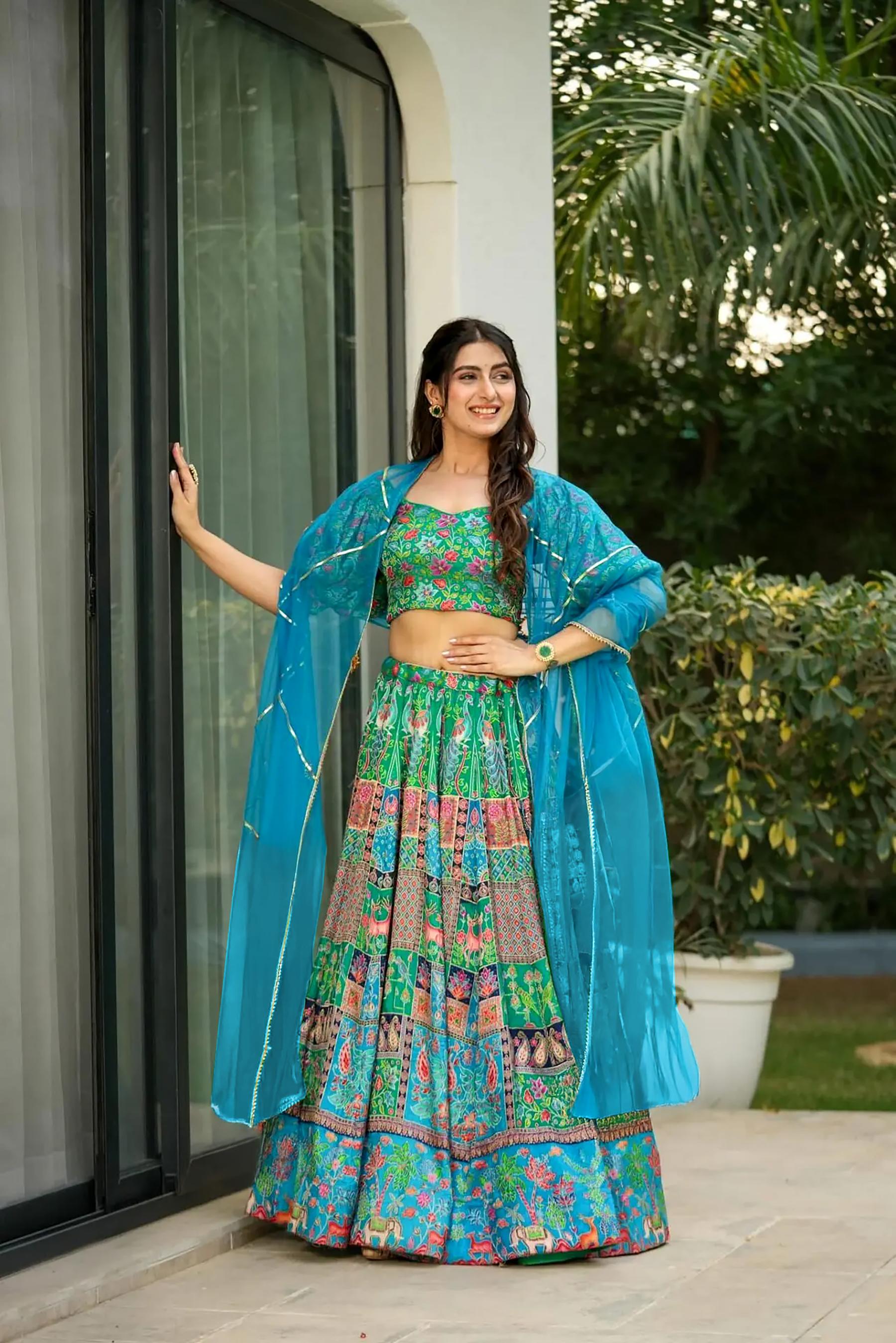 Sea Green Silk Crop Top Lehenga