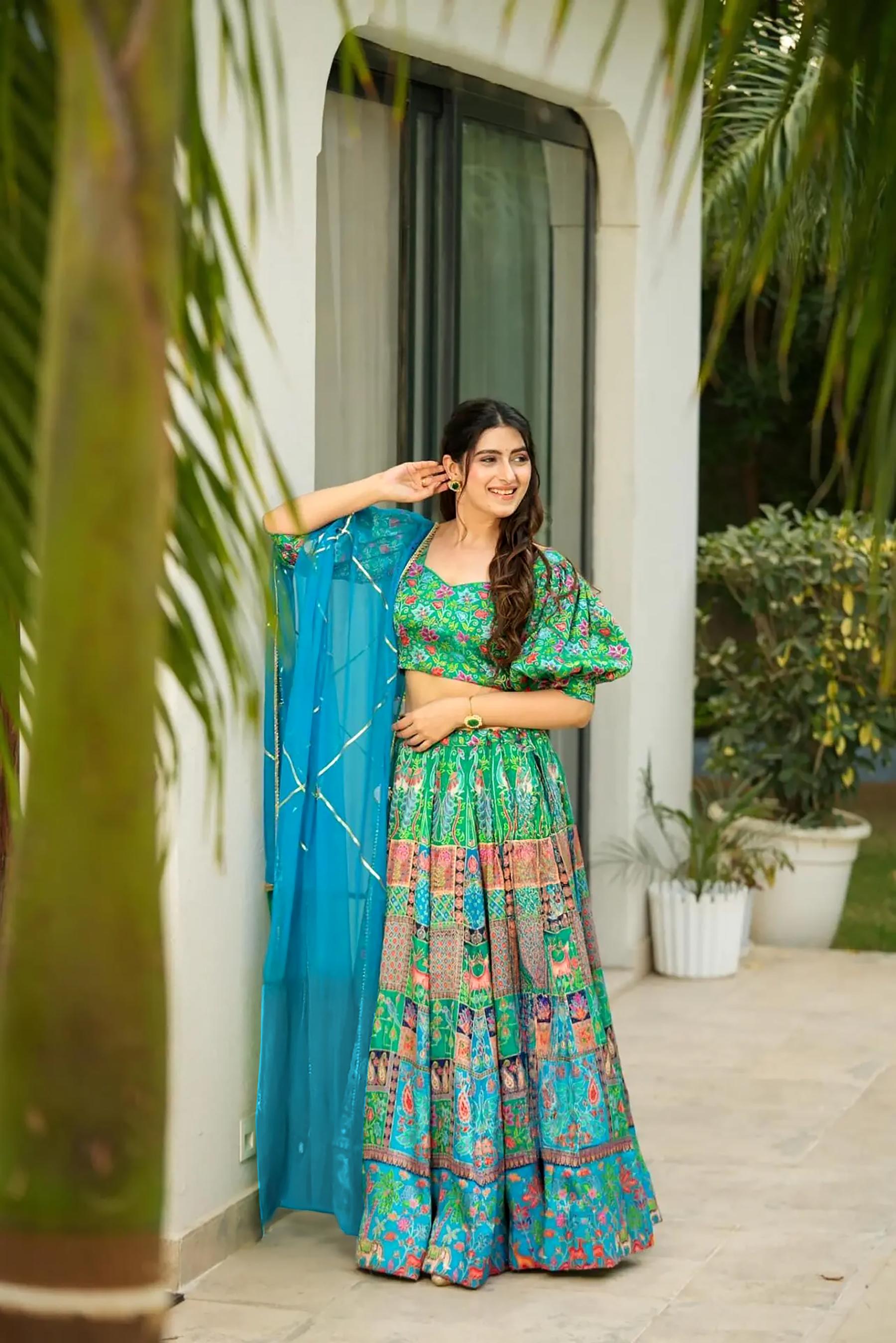 Sea Green Silk Crop Top Lehenga
