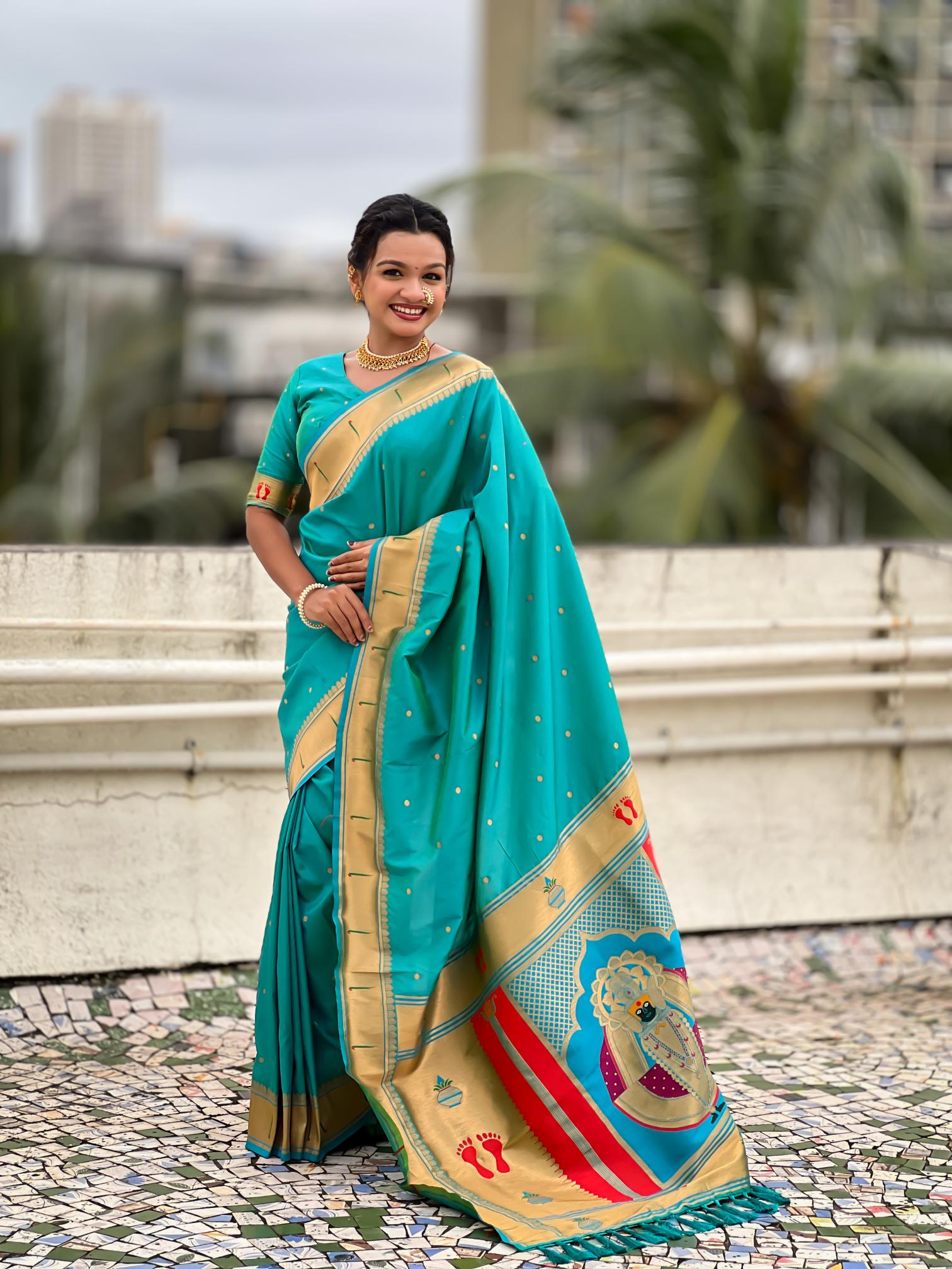 Sea Green Soft Silk Paithani Designer Saree