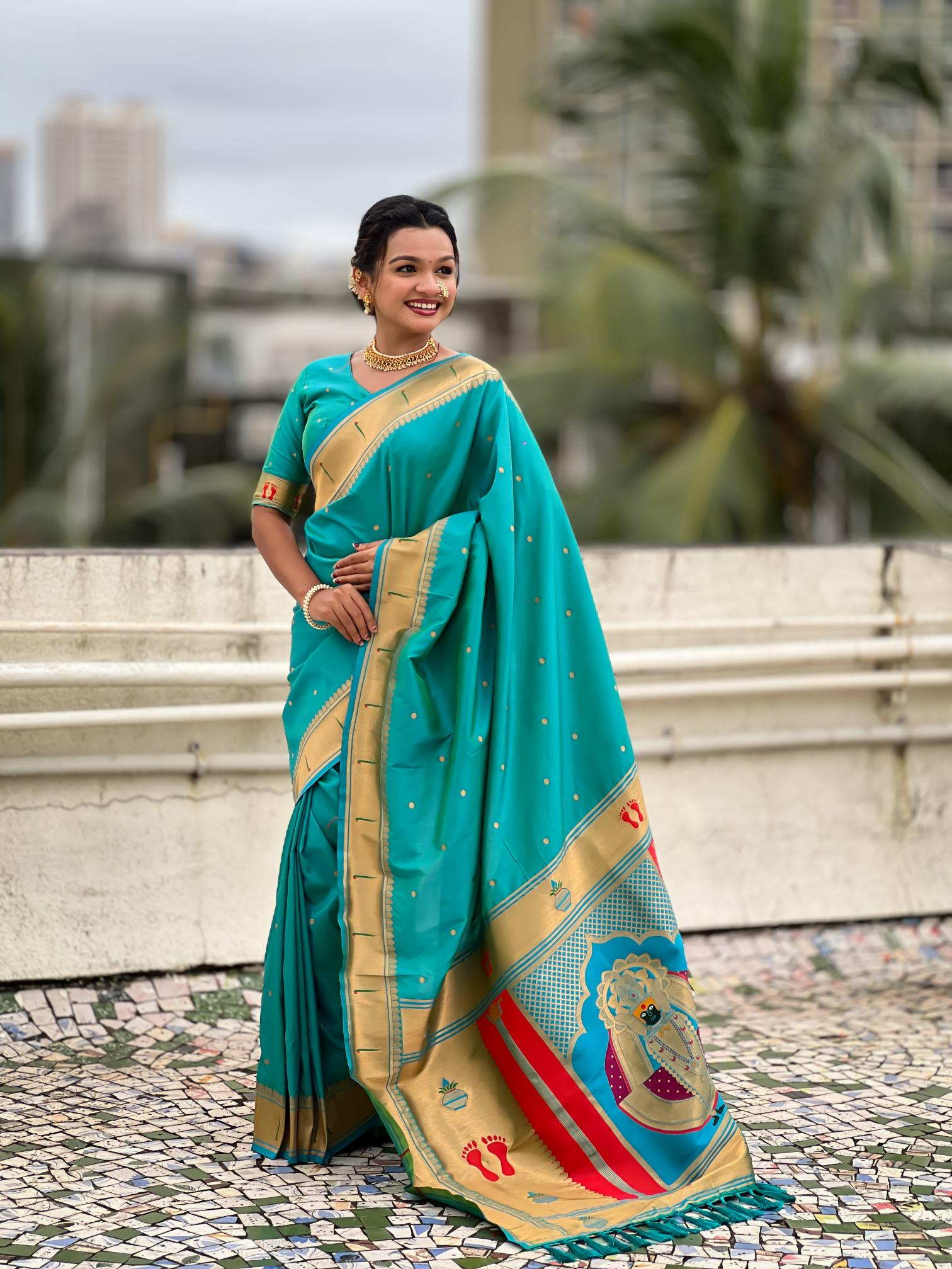 Sea Green Soft Silk Paithani Designer Saree