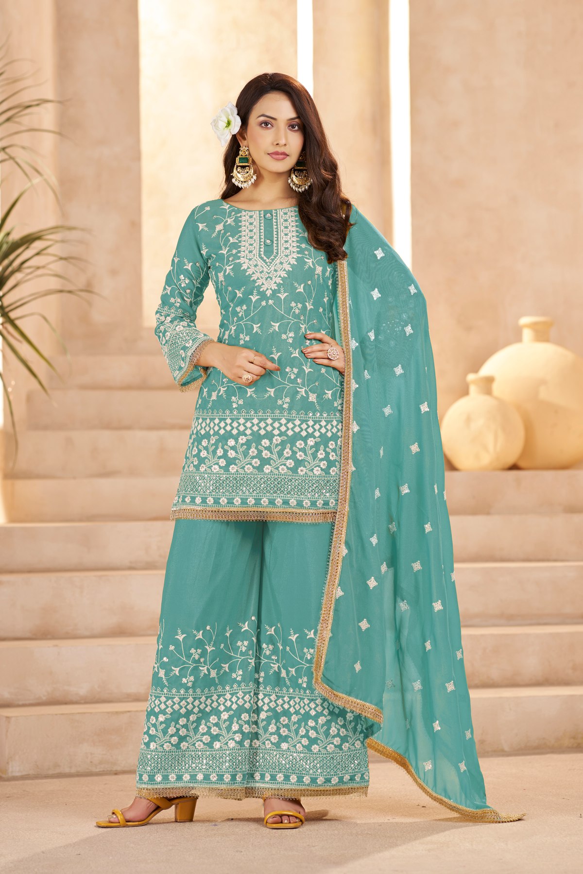 Sea Green Star Georgette Palazzo Suit