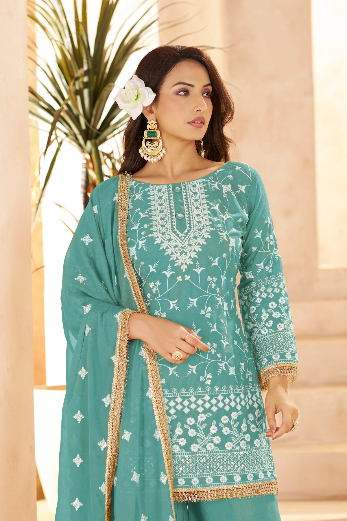 Sea Green Star Georgette Palazzo Suit — alternate view