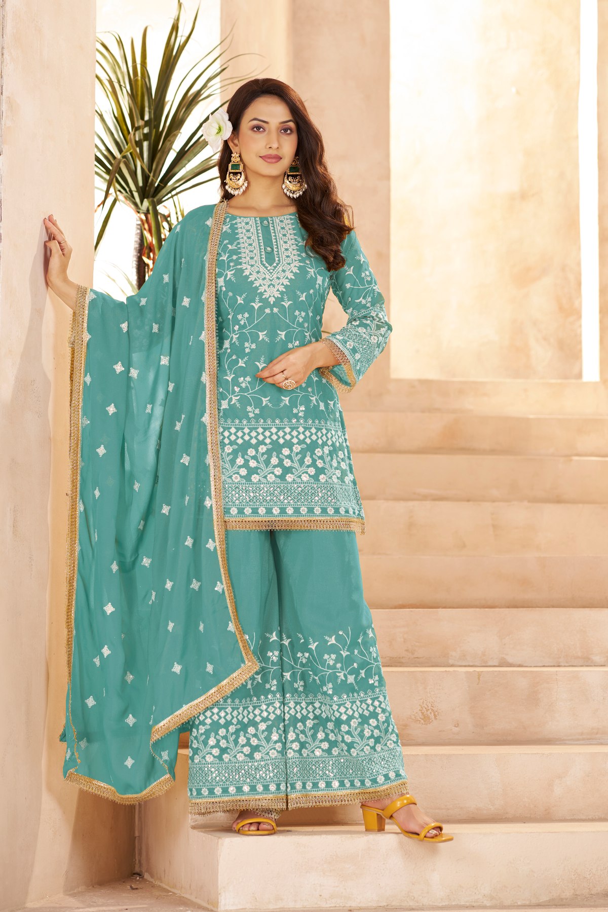Sea Green Star Georgette Palazzo Suit