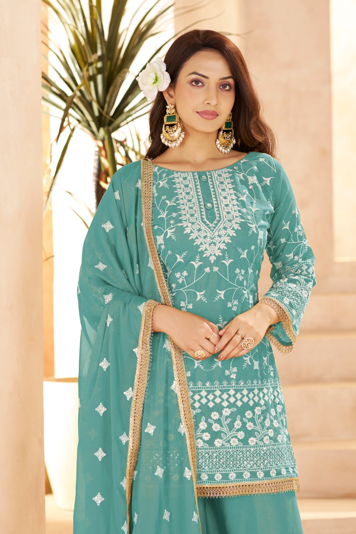 Sea Green Star Georgette Palazzo Suit