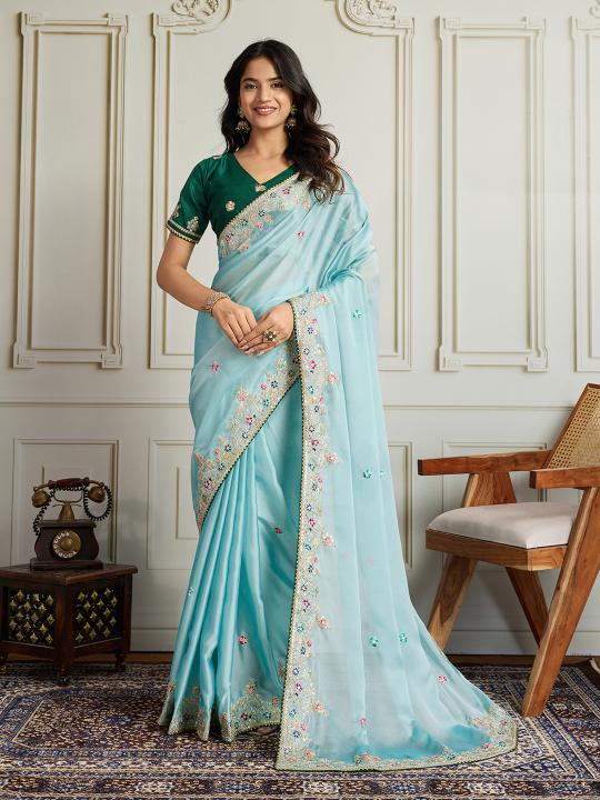 Sea Green Star Georgette Saree
