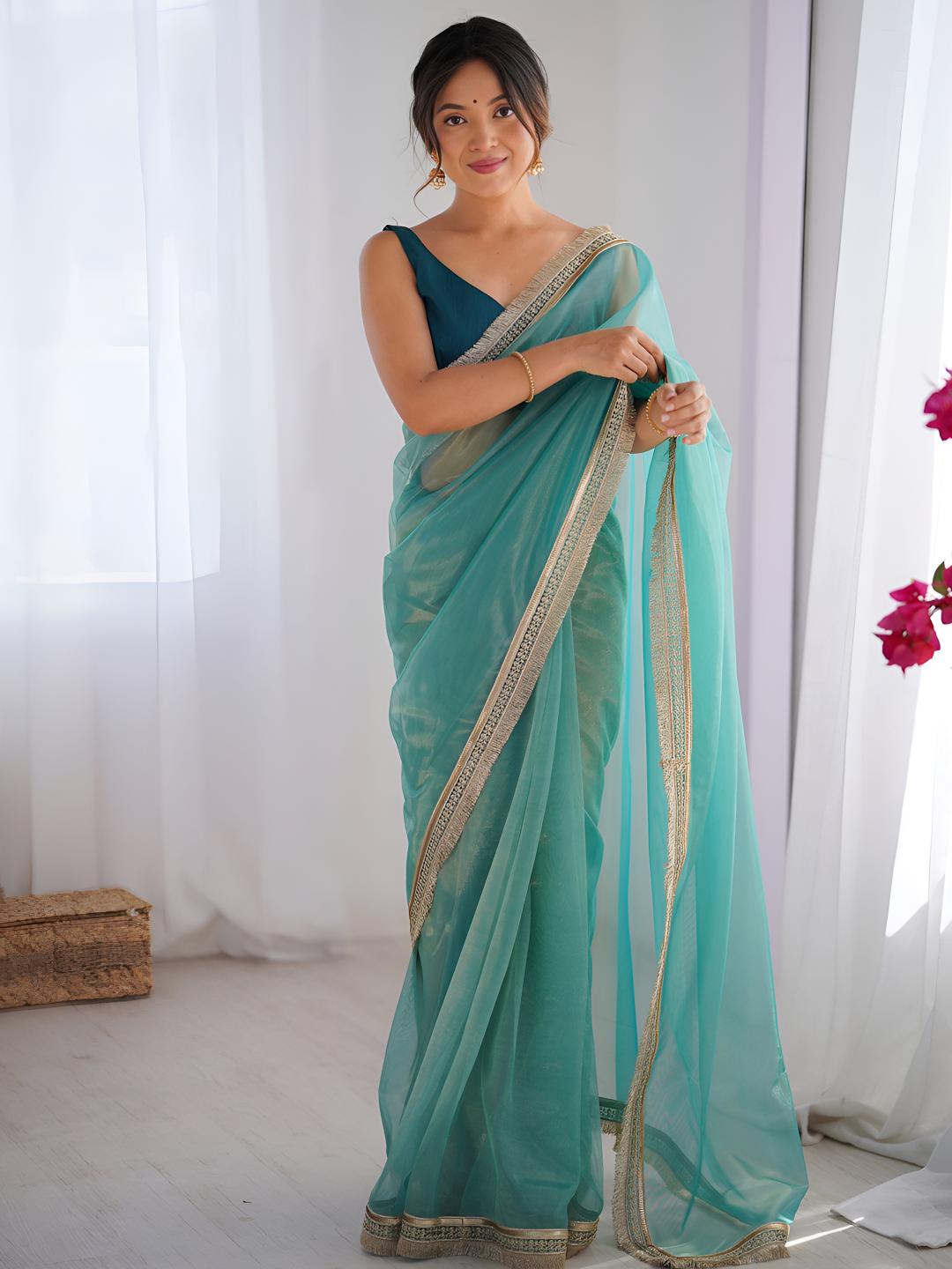 Sea Green Teal Cording Lace Border Gold Net Saree