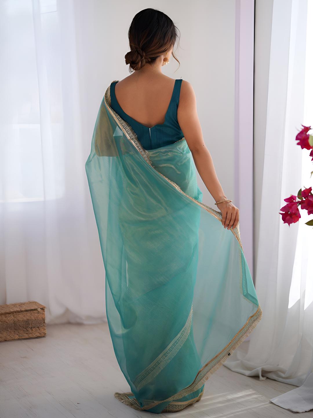 Sea Green Teal Cording Lace Border Gold Net Saree — alternate view