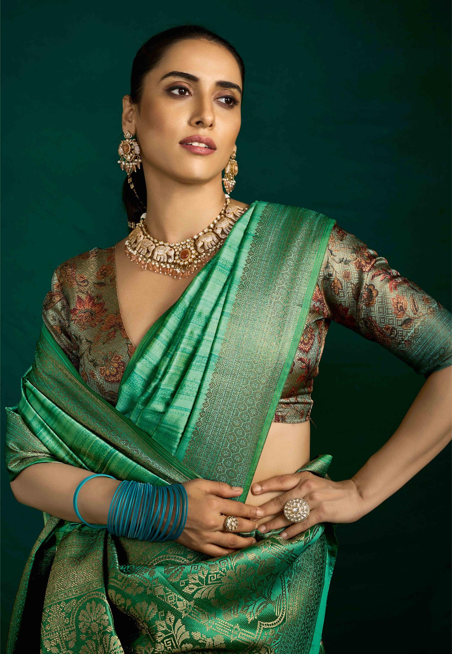Sea Green Tussar Silk Saree