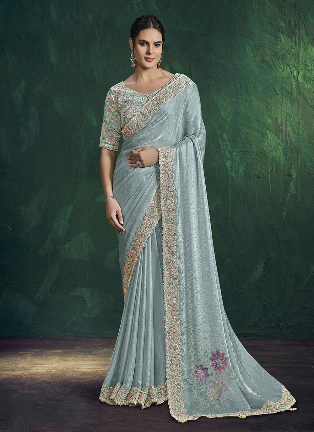 Sea Green Two-Tone Satin Silk Designer Embroidered Saree
