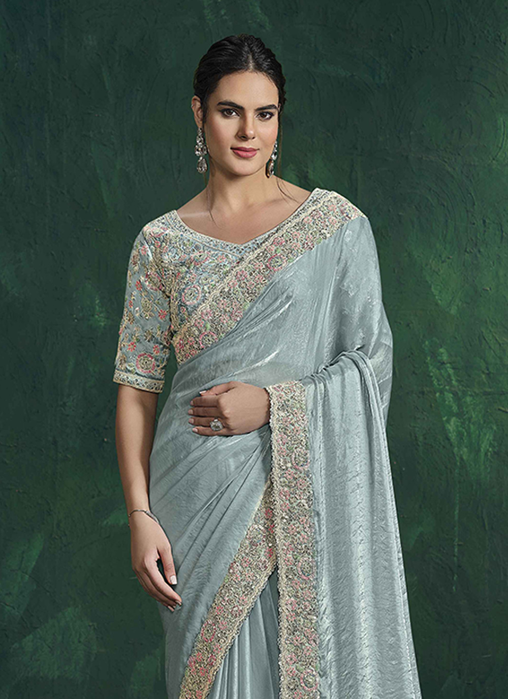 Sea Green Two-Tone Satin Silk Designer Embroidered Saree — alternate view