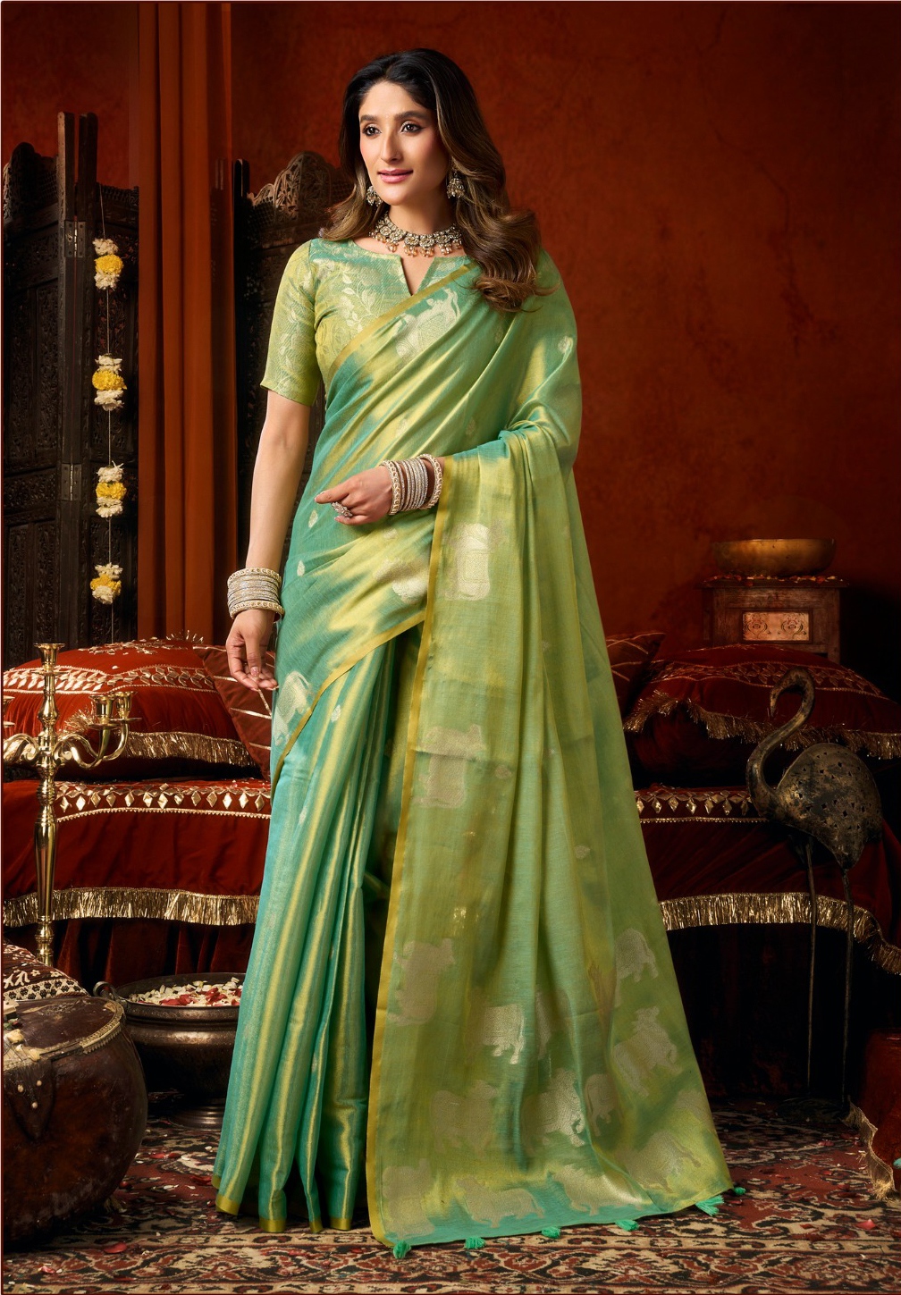 Sea Green Vine Cow Butta Heavy Tissue Silk Saree