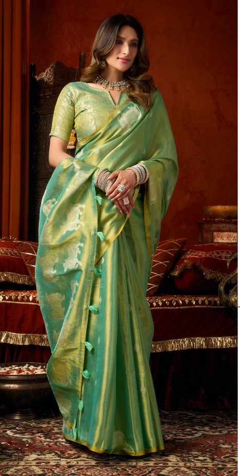 Sea Green Vine Cow Butta Heavy Tissue Silk Saree — alternate view