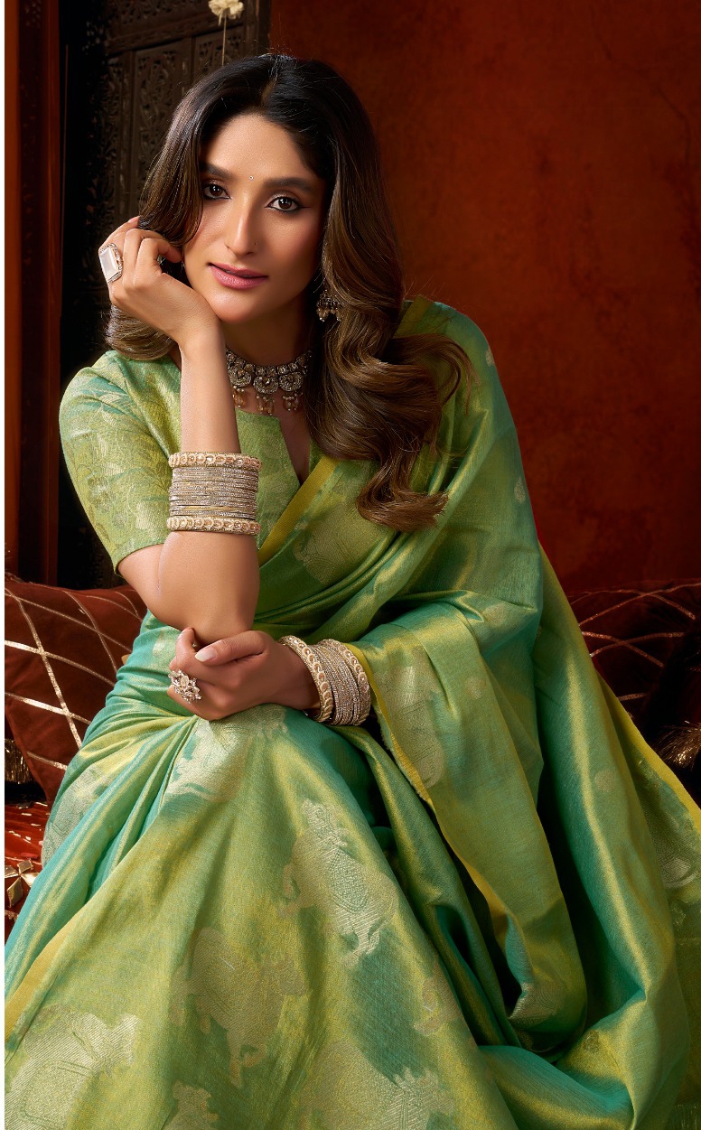 Sea Green Vine Cow Butta Heavy Tissue Silk Saree