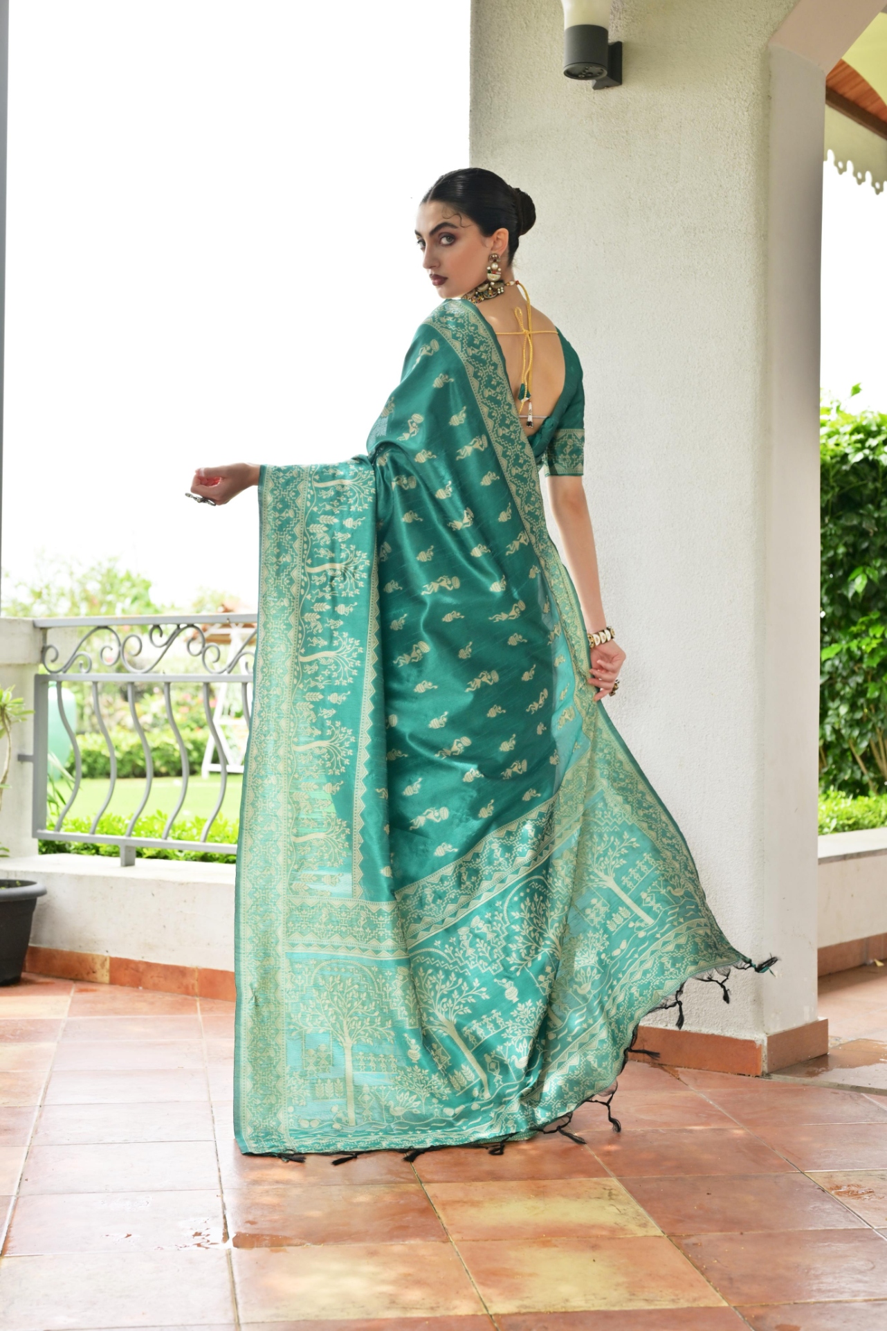Sea Green Warli Woven Banglori Silk Saree — alternate view