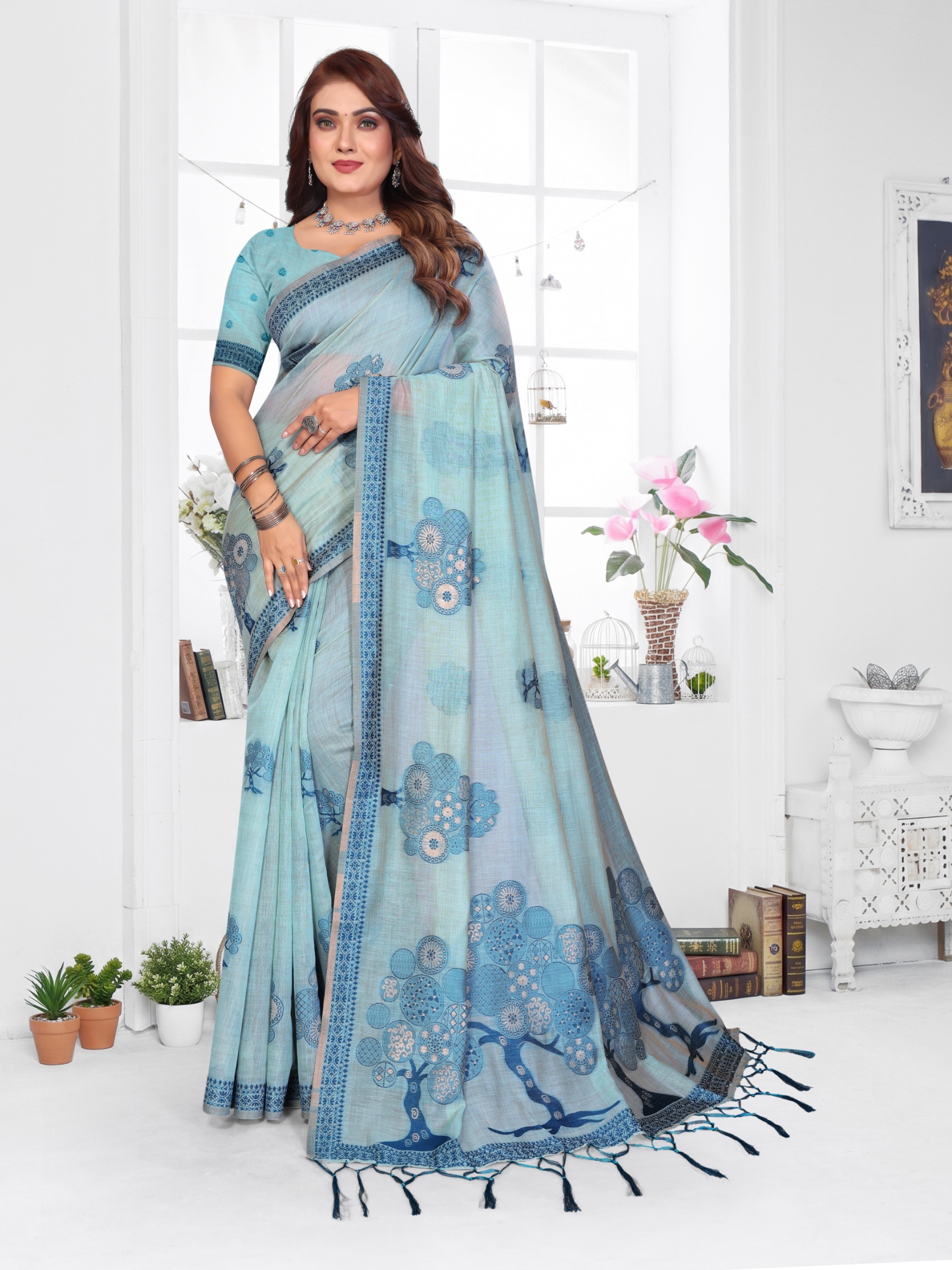 Sea Green Weaving Designer Spun Cotton Saree