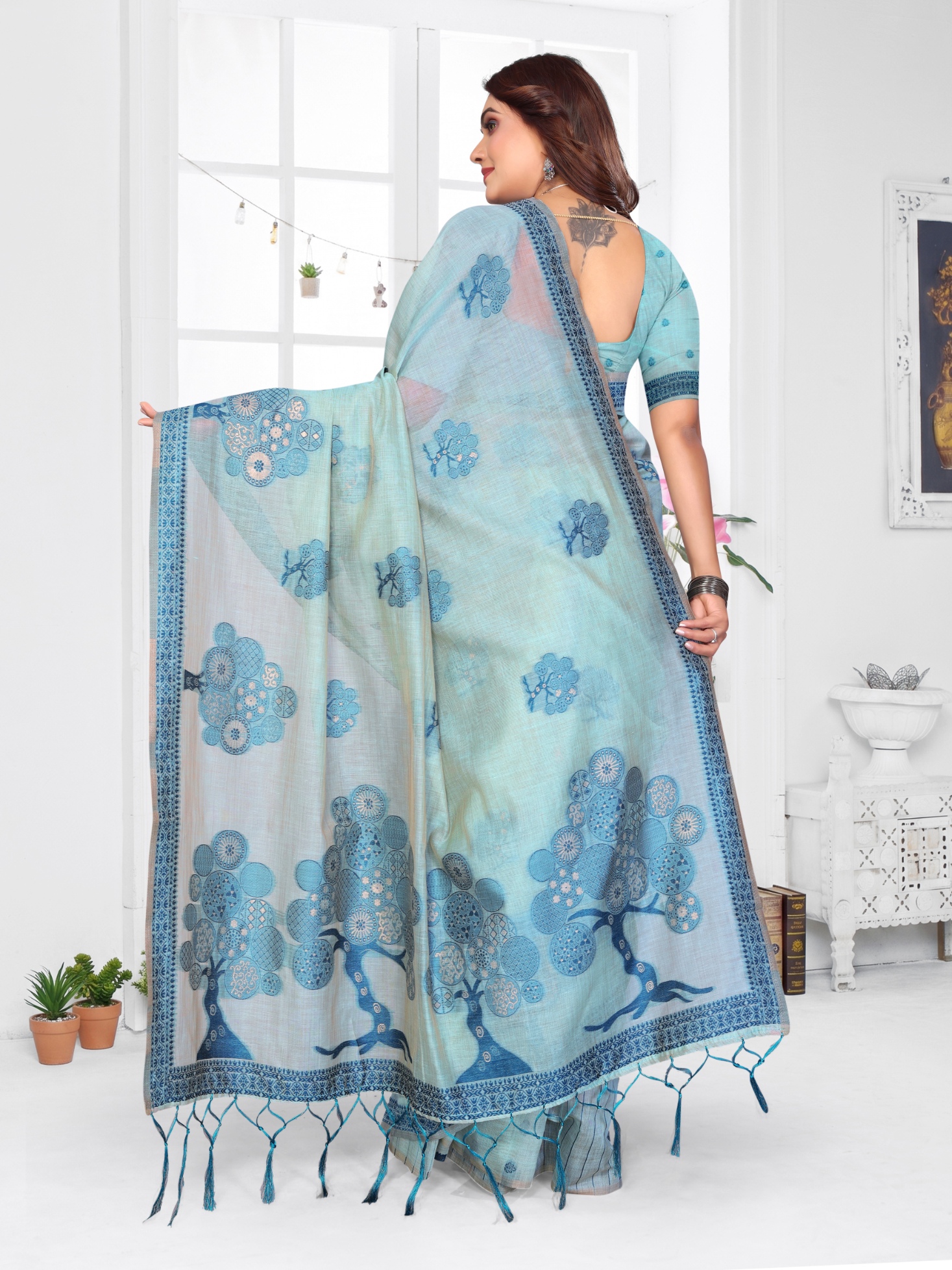 Sea Green Weaving Designer Spun Cotton Saree — alternate view