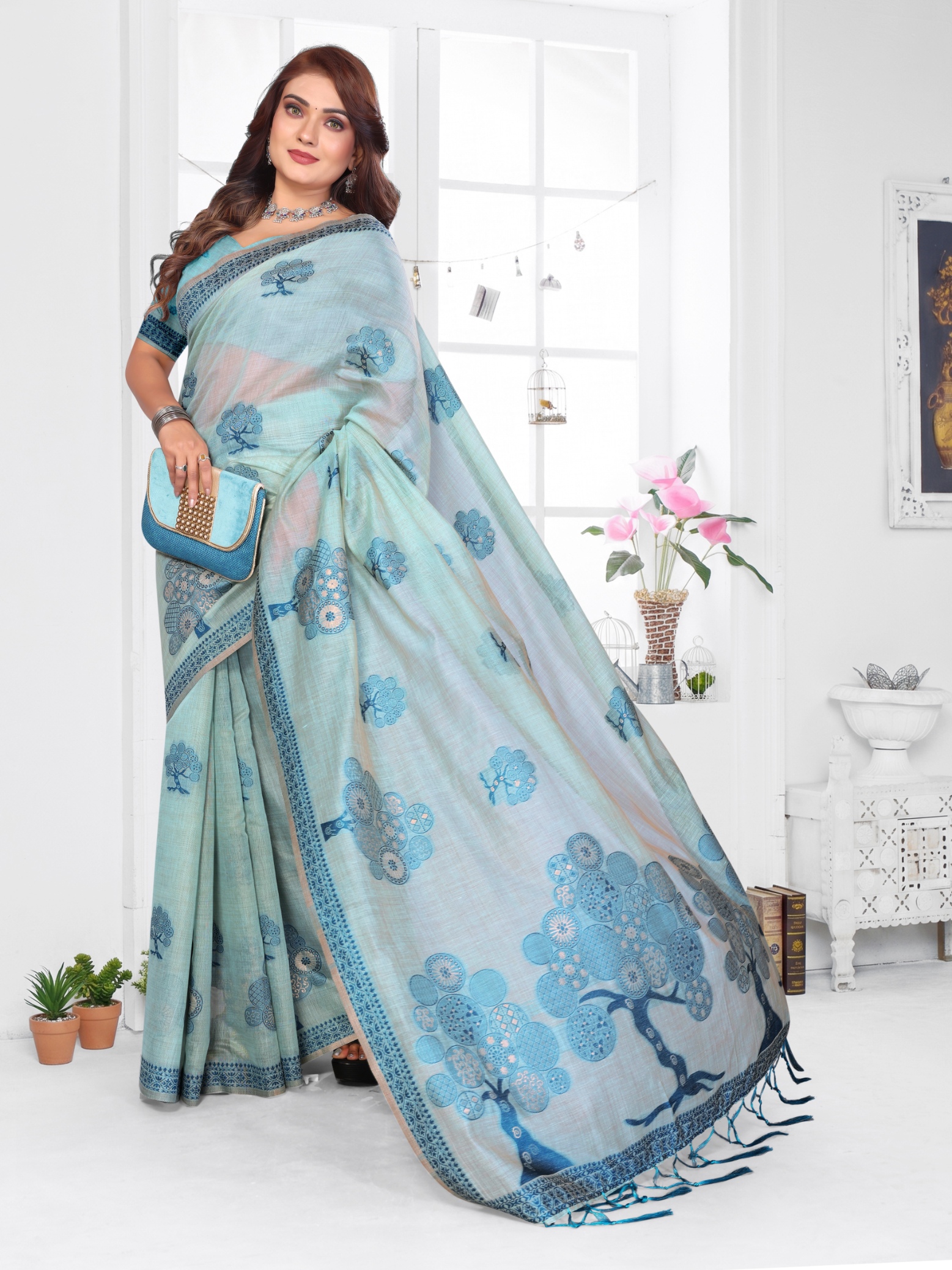 Sea Green Weaving Designer Spun Cotton Saree