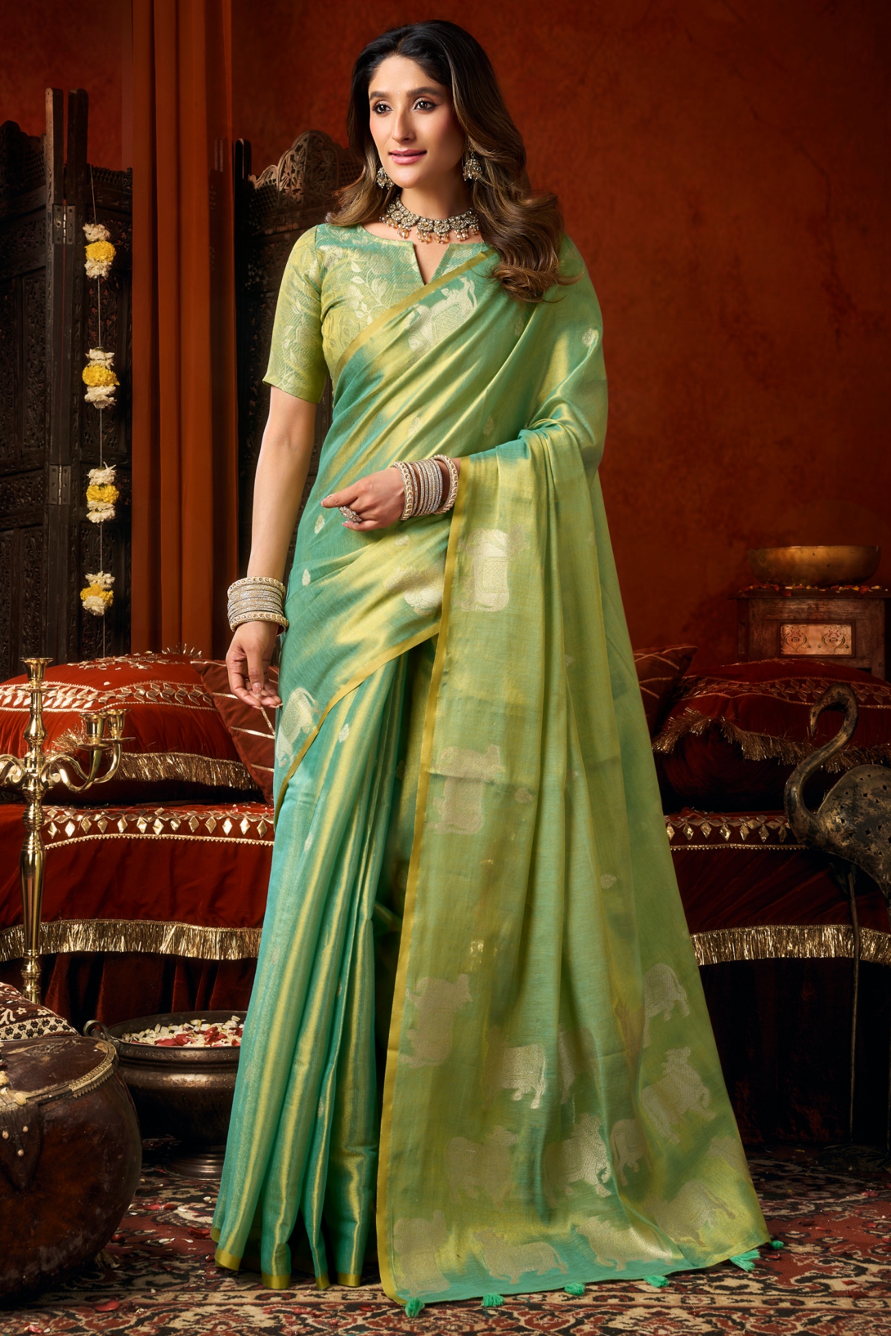 Sea Green Woven Butta Tassel Saree