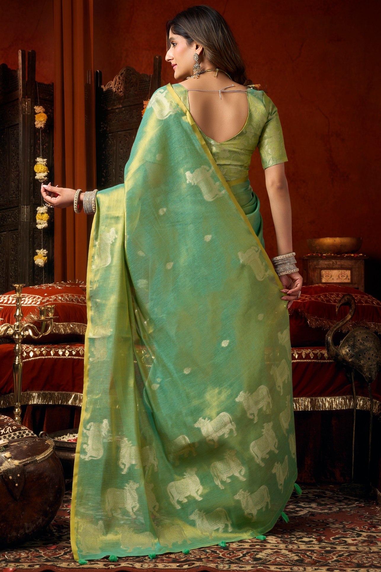 Sea Green Woven Butta Tassel Saree — alternate view