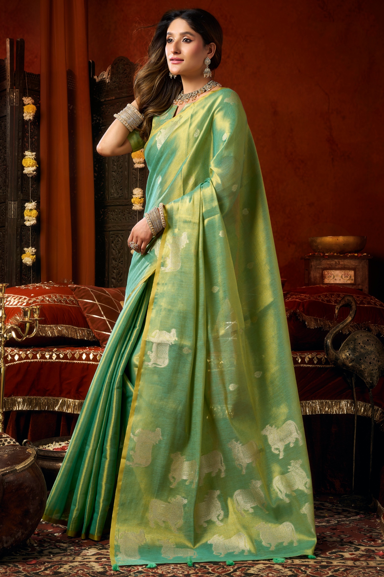 Sea Green Woven Butta Tassel Saree