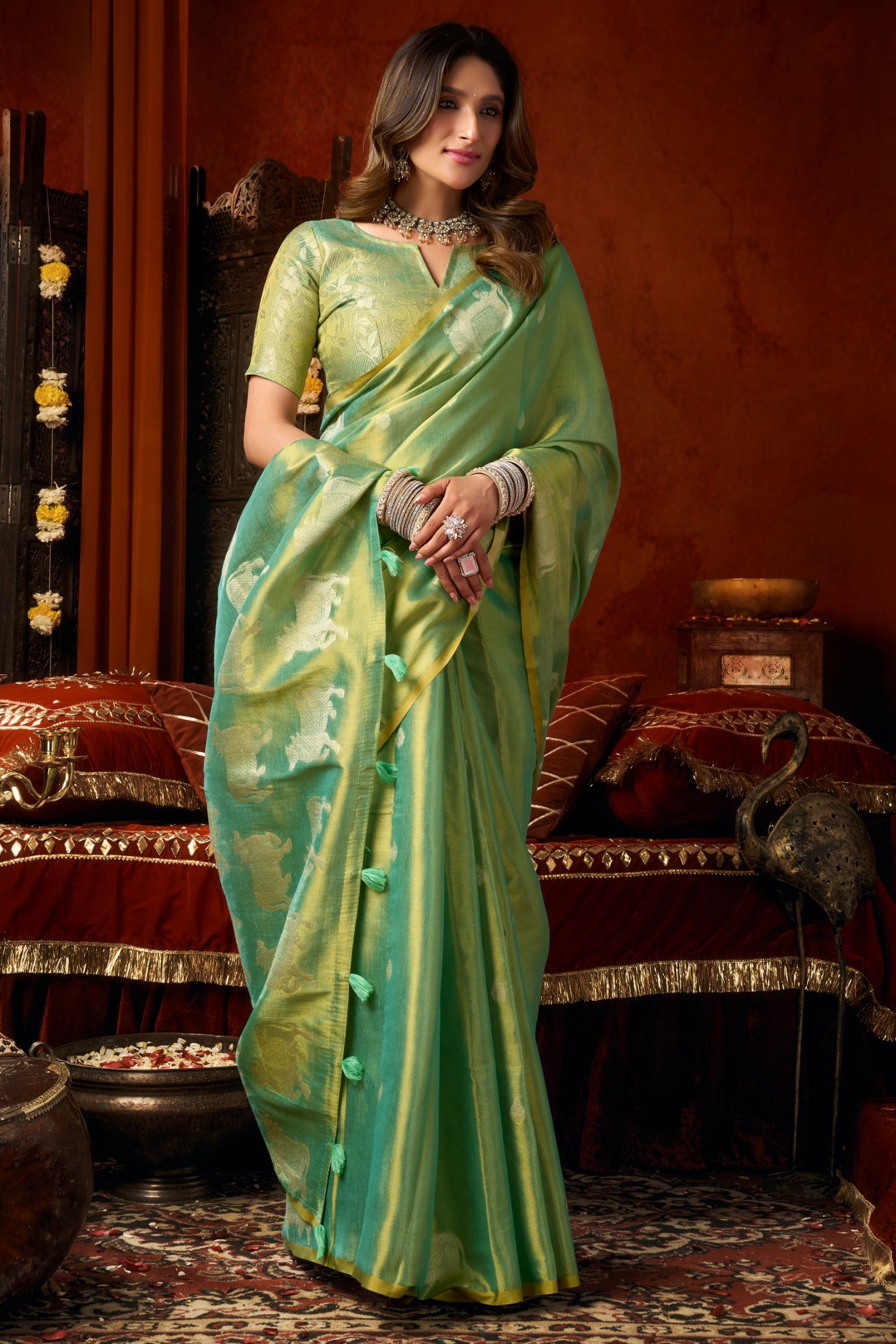 Sea Green Woven Butta Tassel Saree