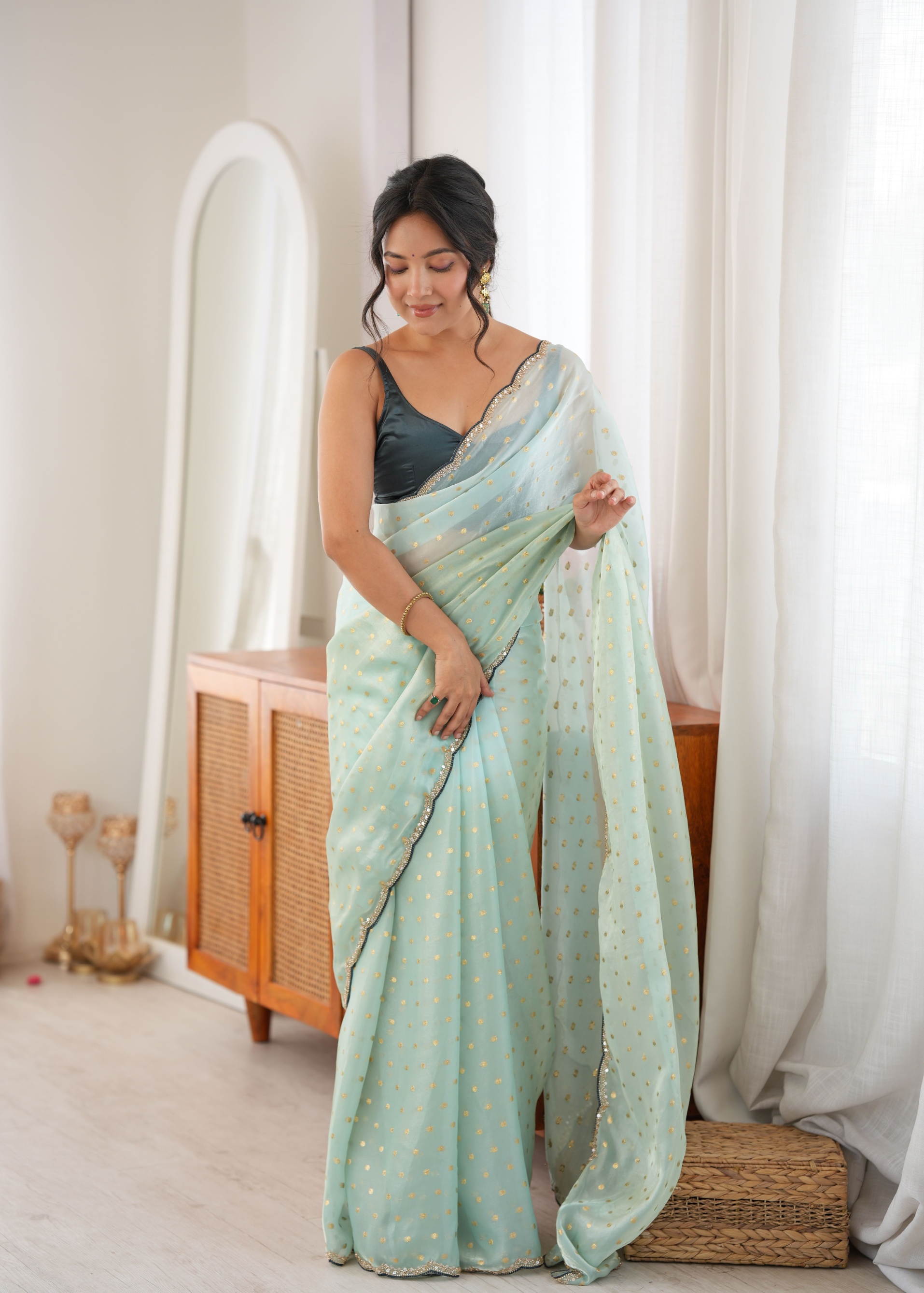 Sea Green Woven Butti Beads Fendy Satin Saree