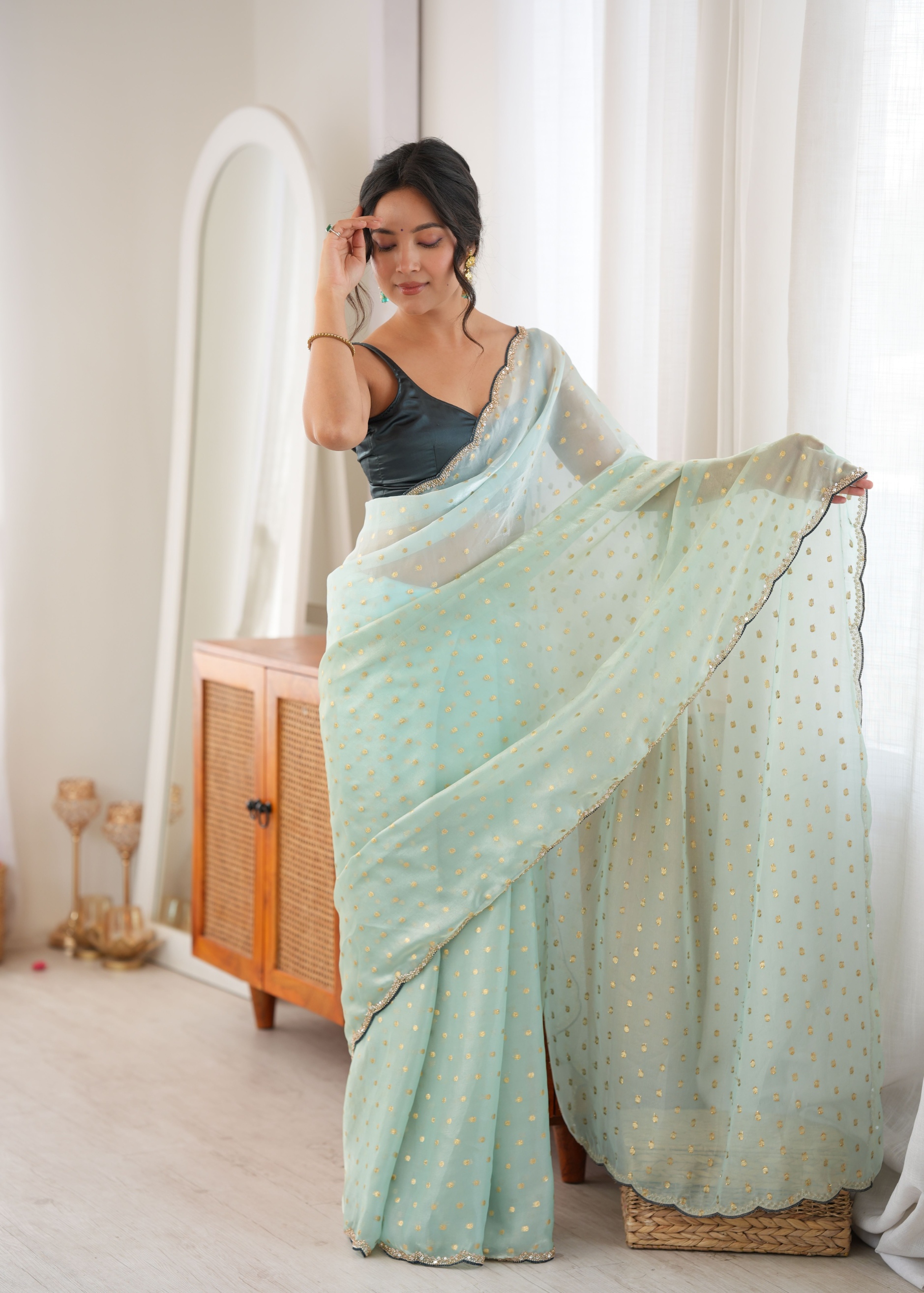Sea Green Woven Butti Beads Fendy Satin Saree — alternate view