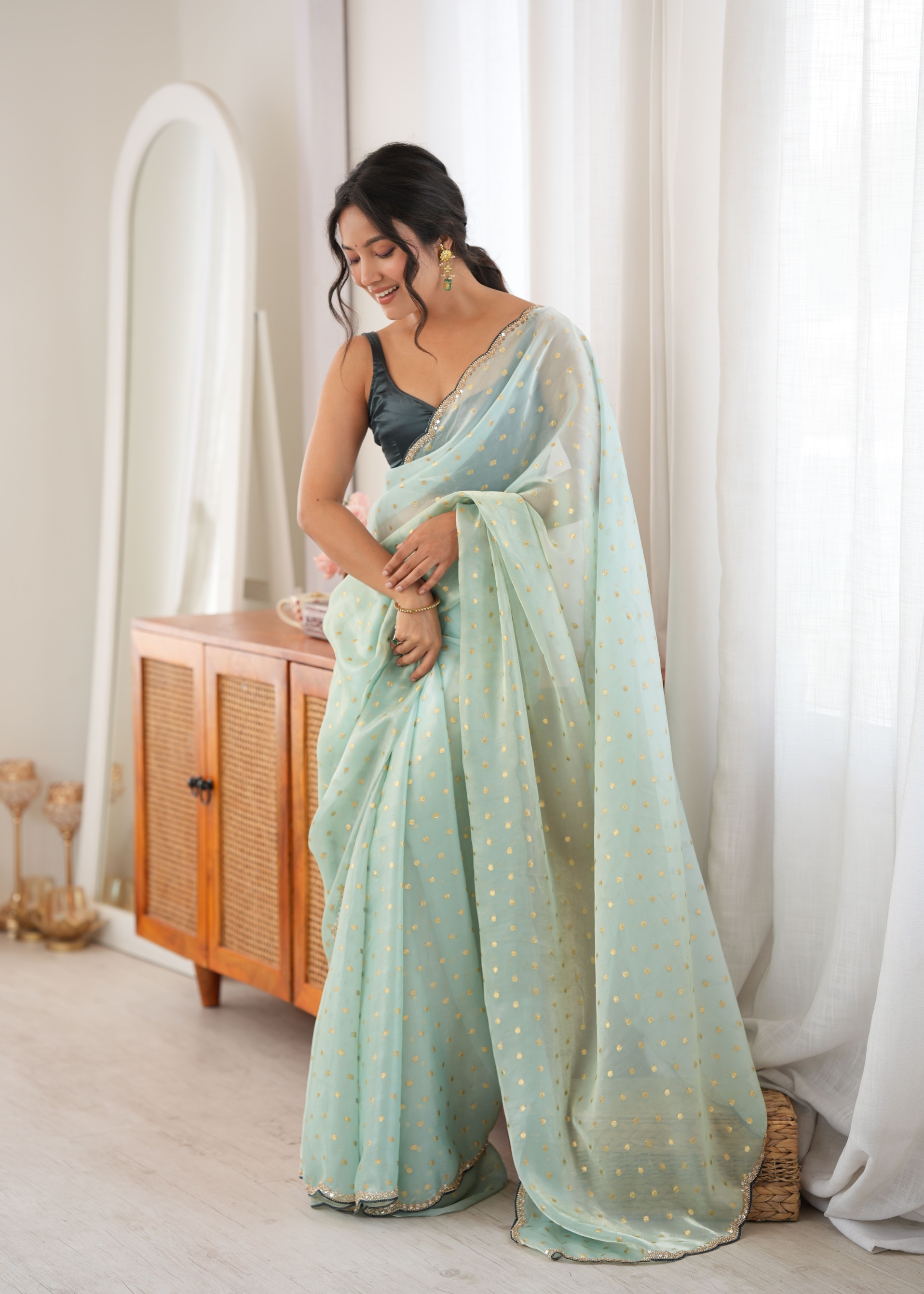 Sea Green Woven Butti Beads Fendy Satin Saree