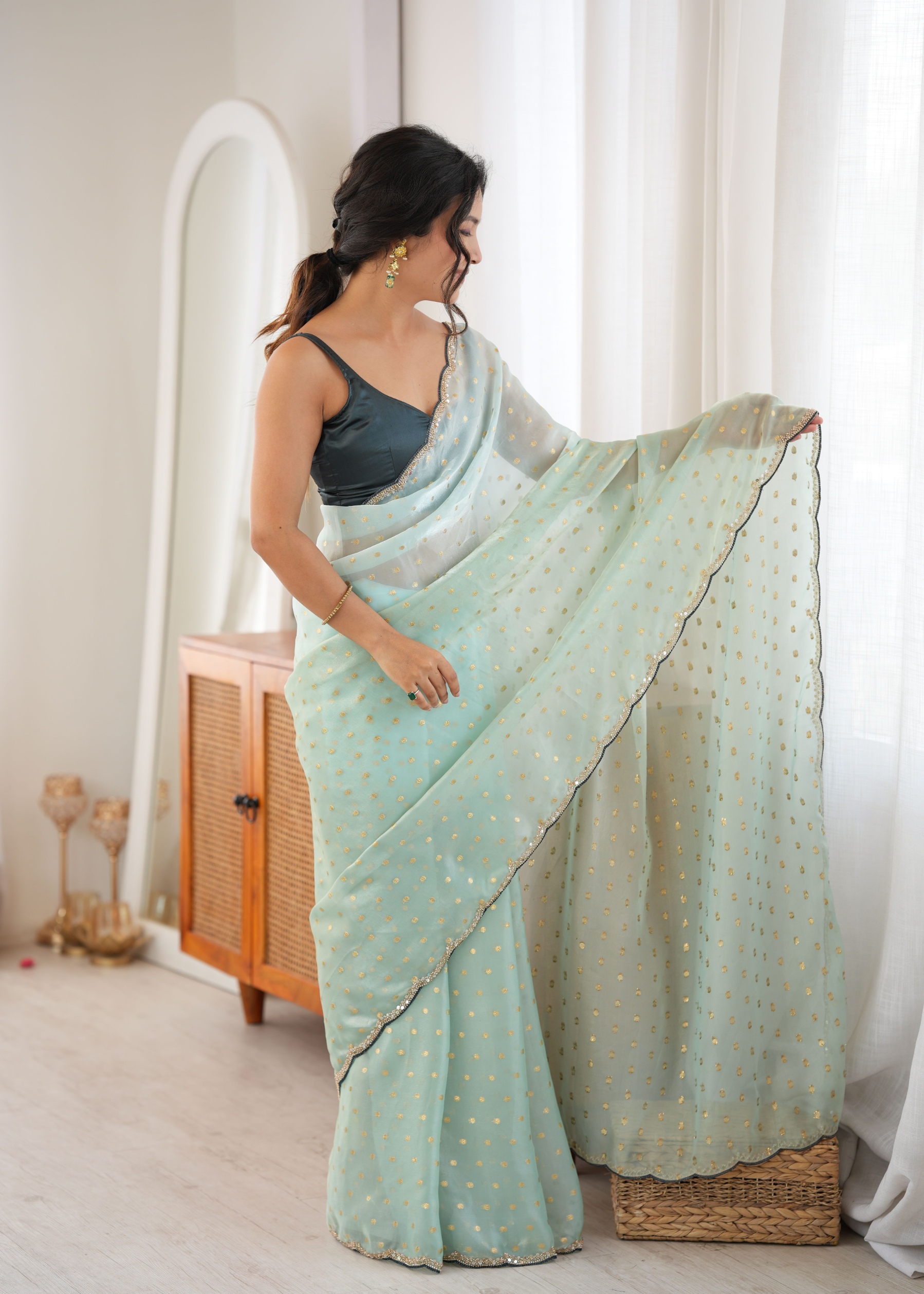 Sea Green Woven Butti Beads Fendy Satin Saree
