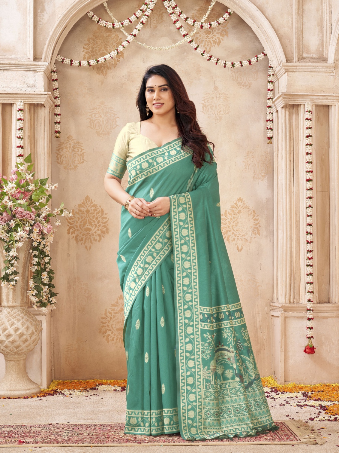 Sea Green Woven Designer Handloom Raw Silk Saree