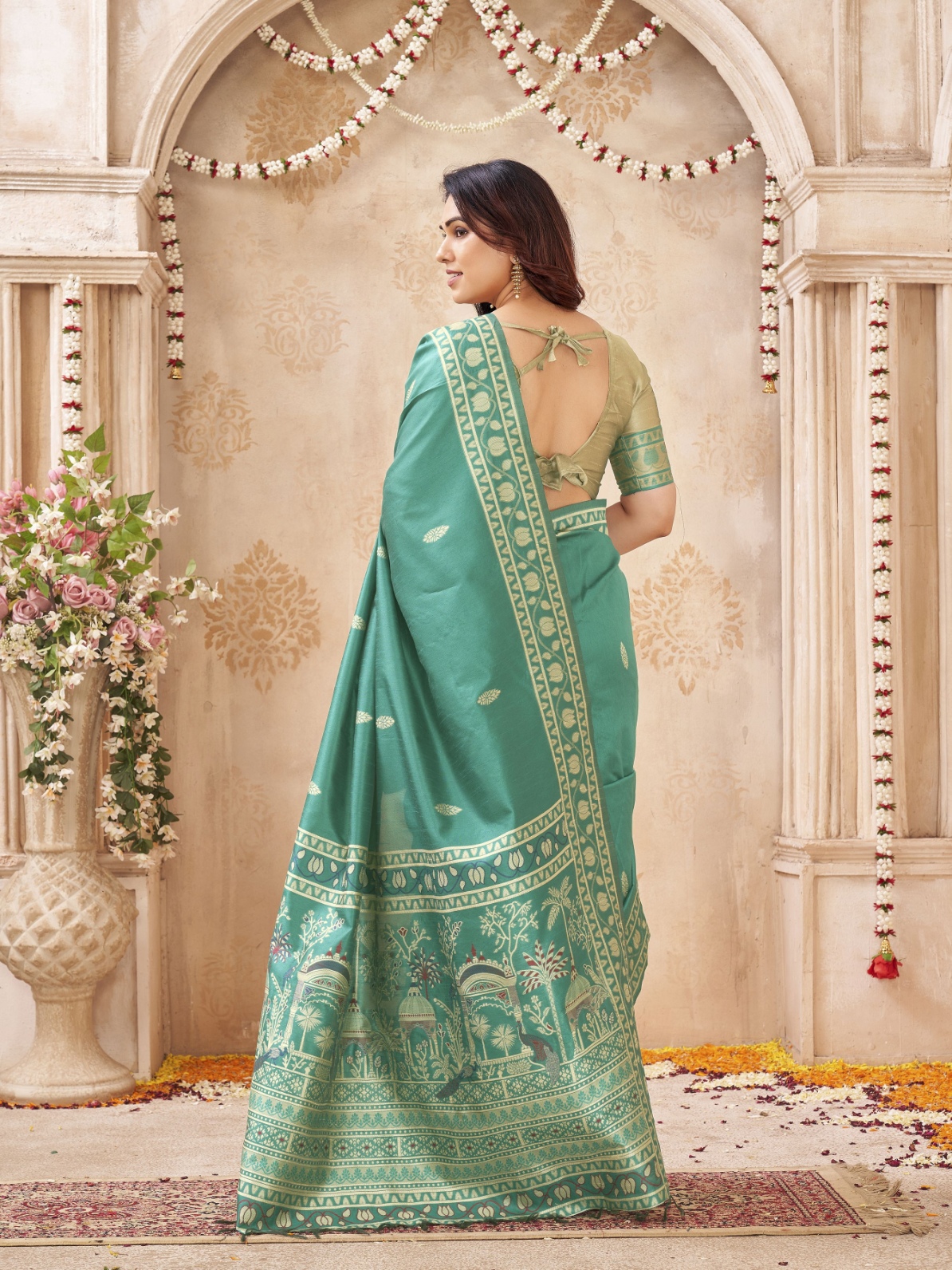 Sea Green Woven Designer Handloom Raw Silk Saree — alternate view