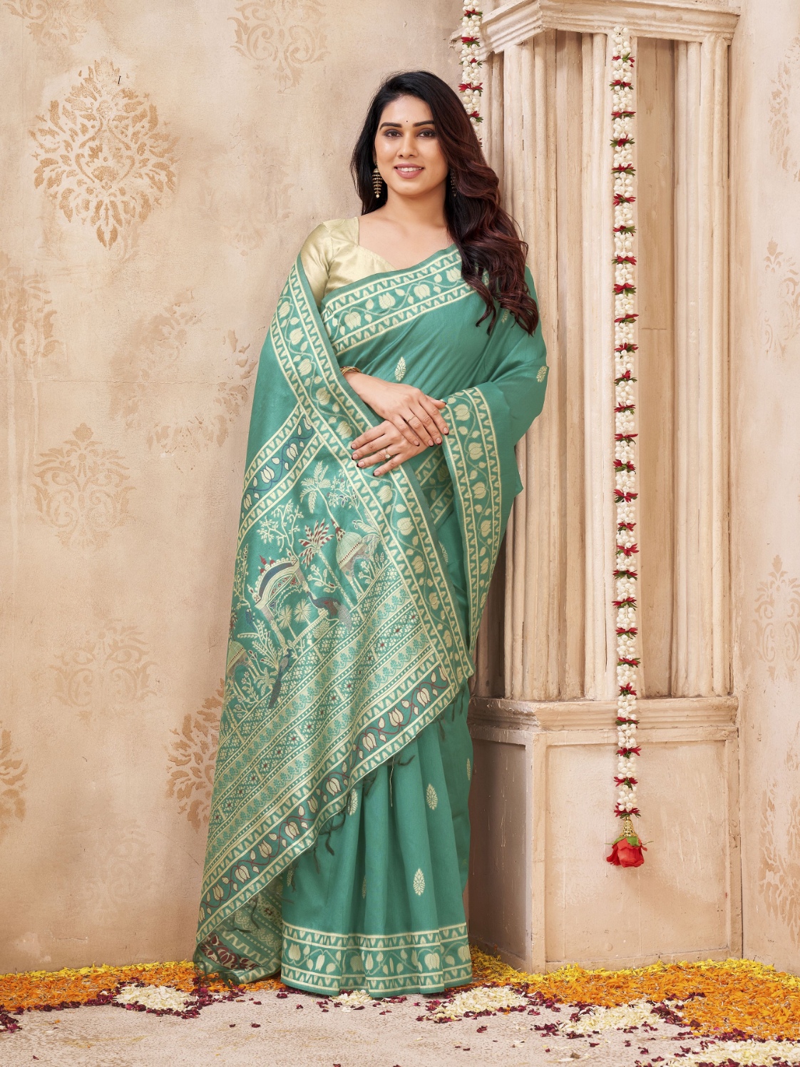Sea Green Woven Designer Handloom Raw Silk Saree