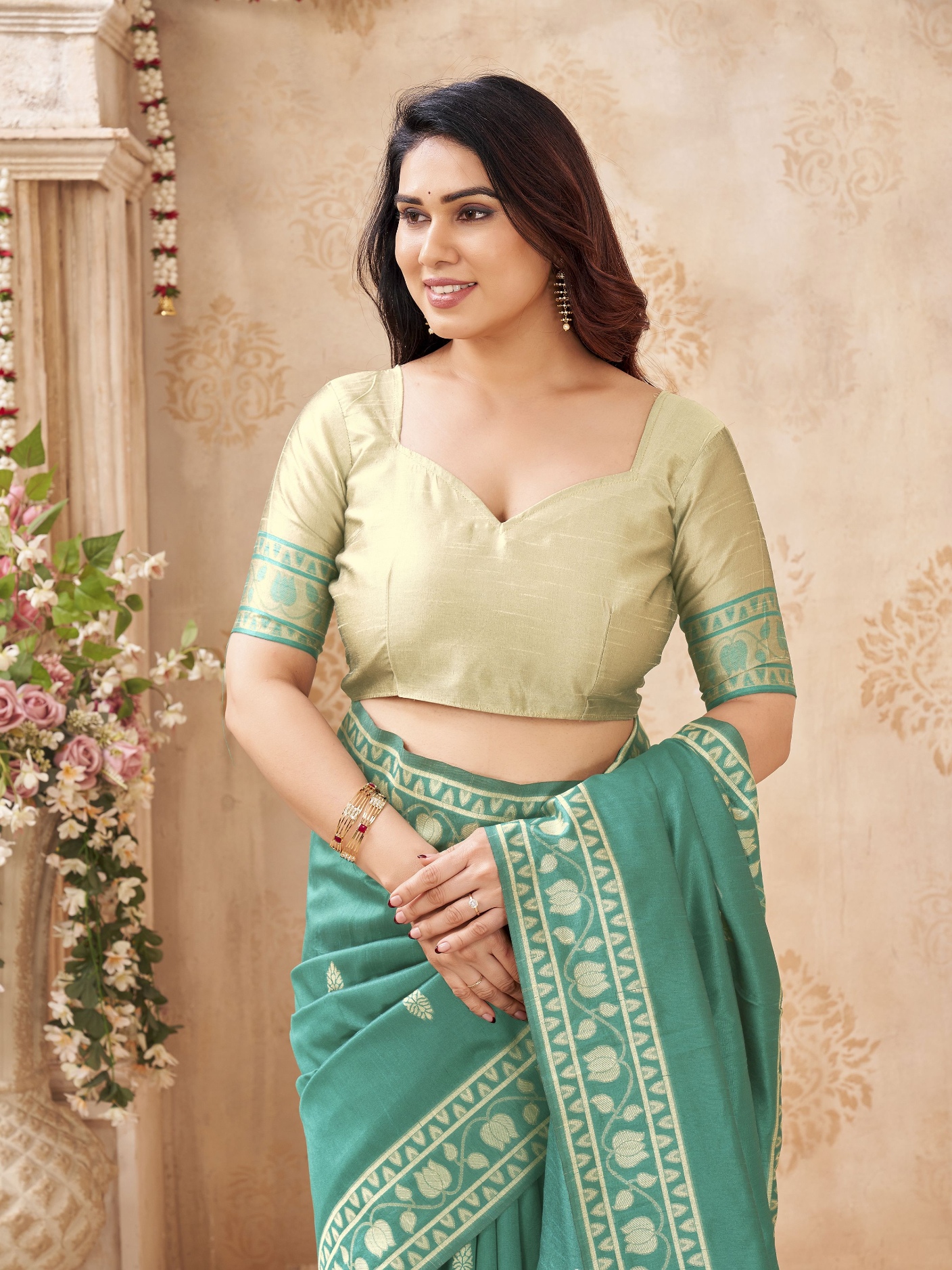 Sea Green Woven Designer Handloom Raw Silk Saree