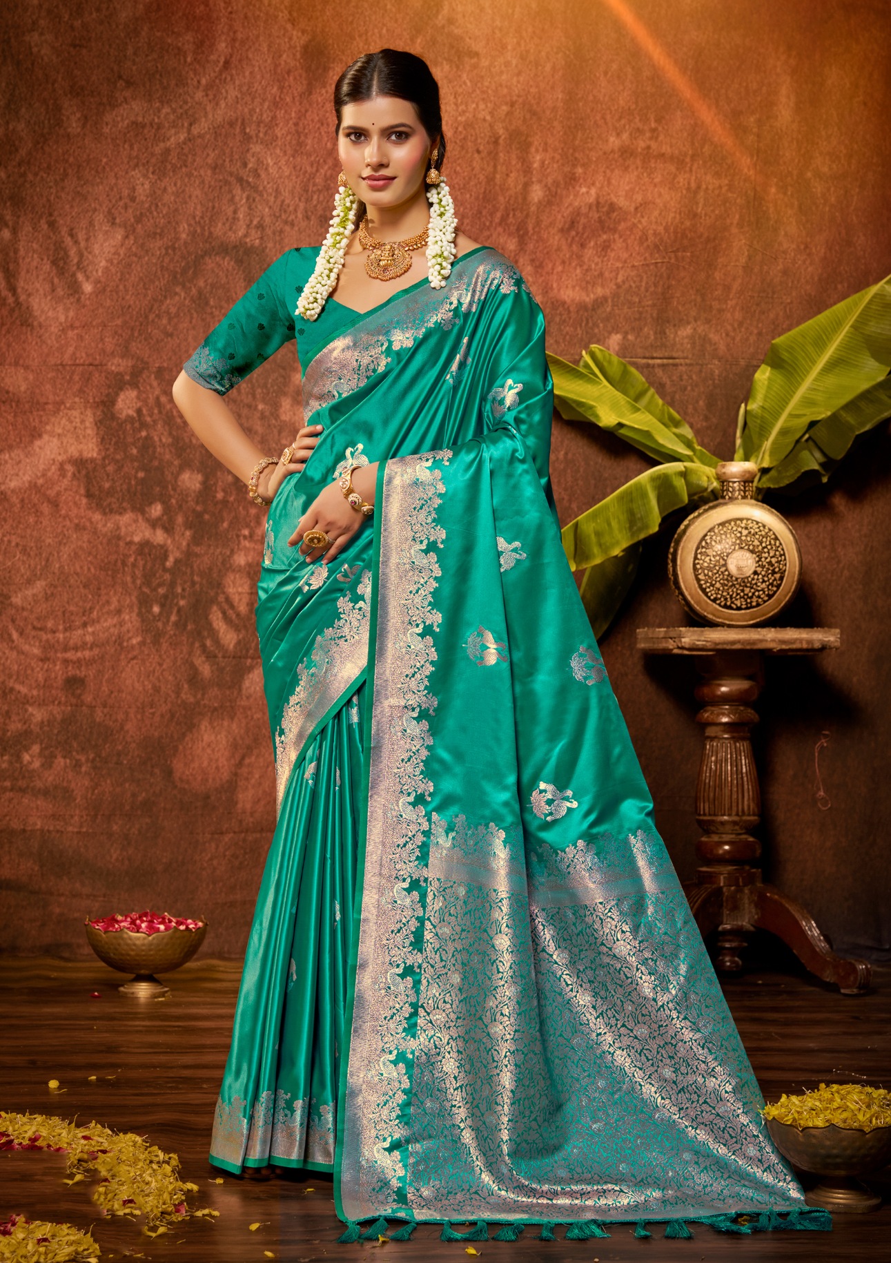 Sea Green Woven Designer Satin Silk Saree