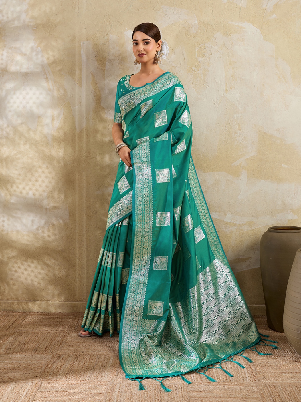 Sea Green Woven Designer Silk Blend Saree