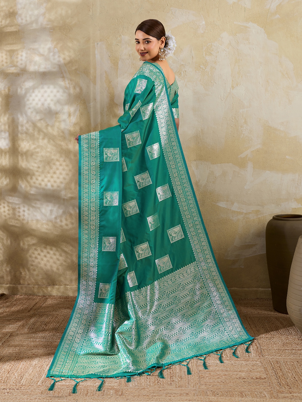 Sea Green Woven Designer Silk Blend Saree — alternate view