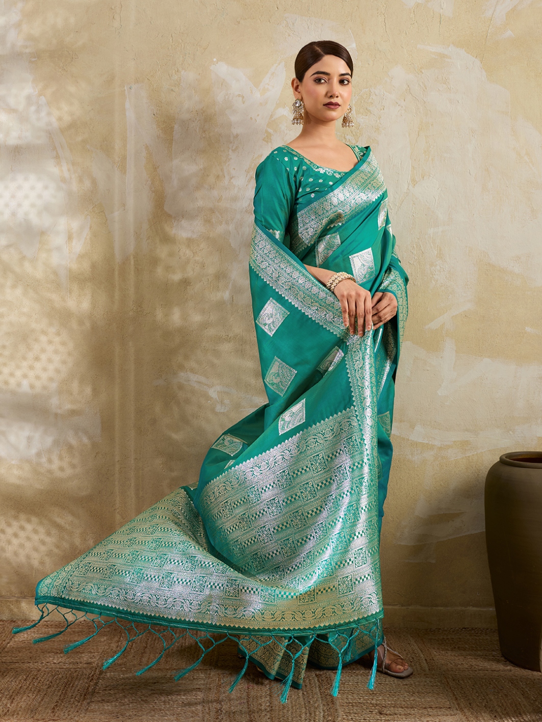 Sea Green Woven Designer Silk Blend Saree