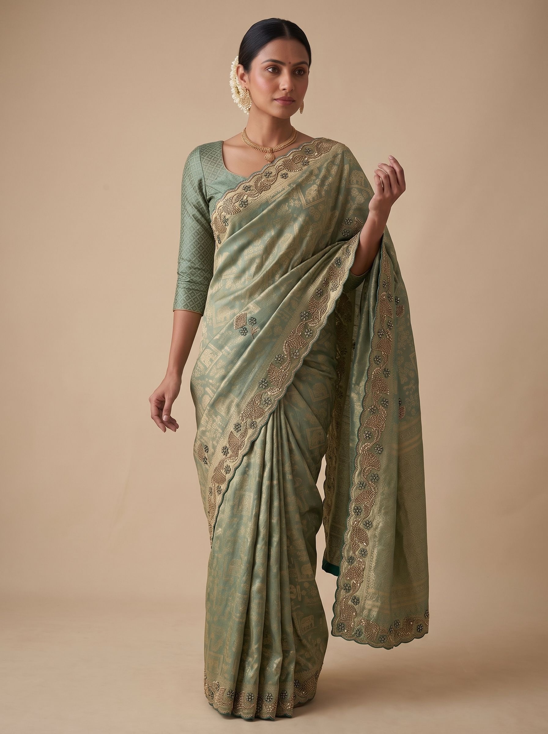 Sea Green Woven Handwork Banarasi Silk Saree