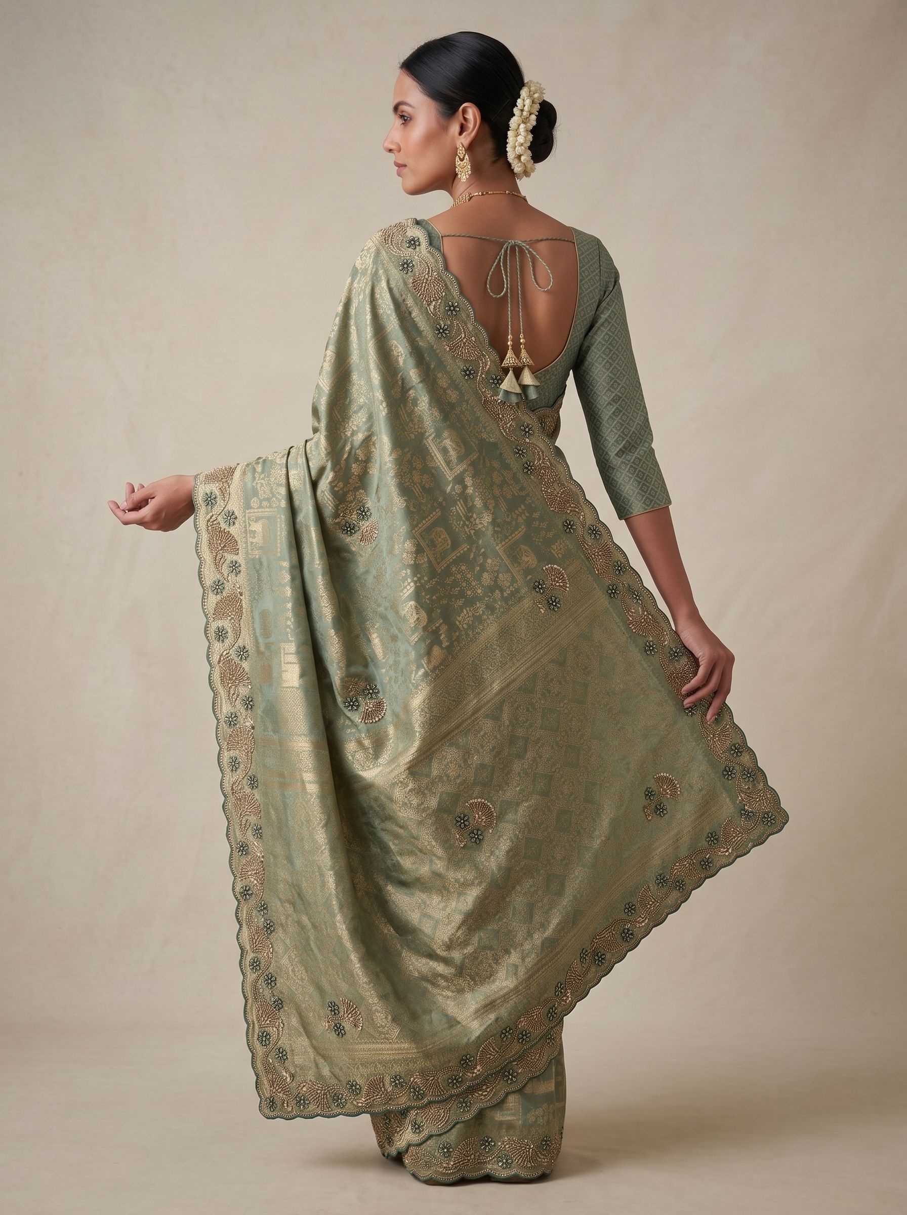 Sea Green Woven Handwork Banarasi Silk Saree — alternate view