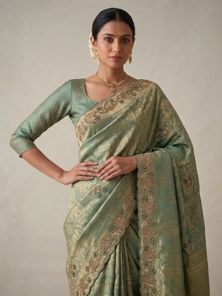 Sea Green Woven Handwork Banarasi Silk Saree