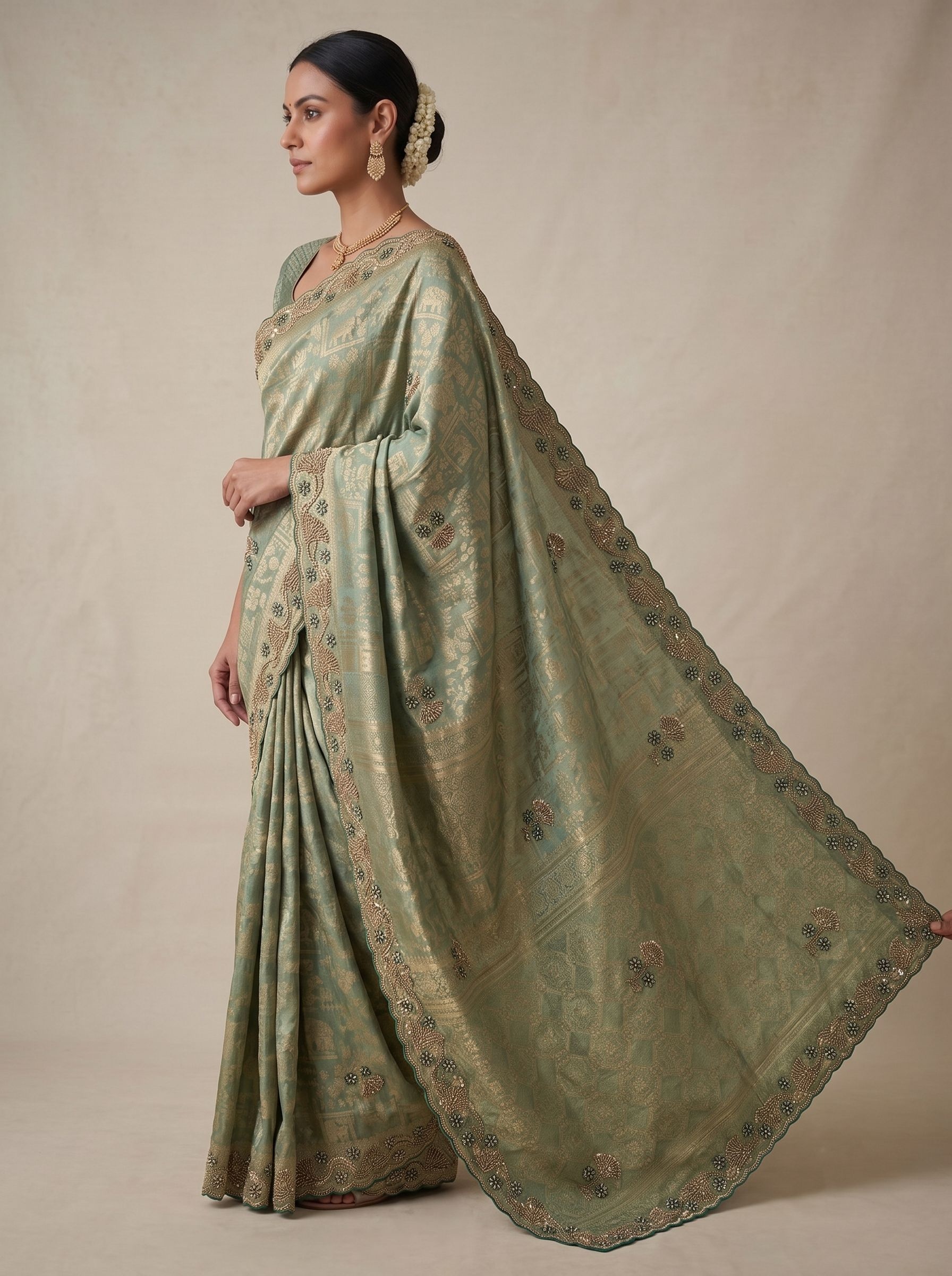 Sea Green Woven Handwork Banarasi Silk Saree