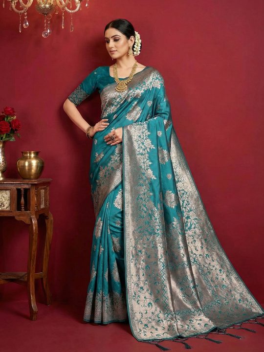 Sea Green Woven Jari Silk Blend Ethnic Saree