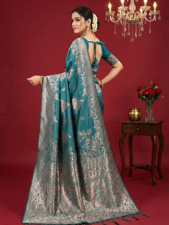 Sea Green Woven Jari Silk Blend Ethnic Saree — alternate view