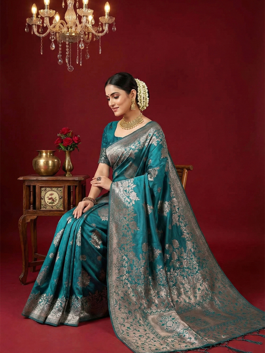 Sea Green Woven Jari Silk Blend Ethnic Saree