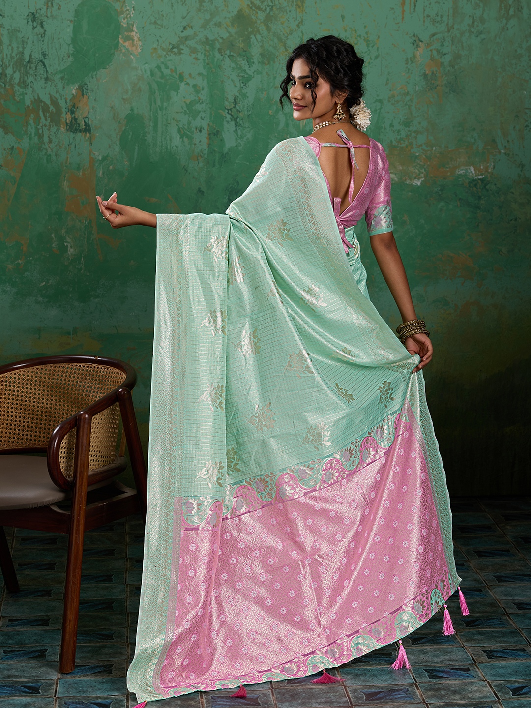 Sea Green Woven Zari Linen Saree — alternate view