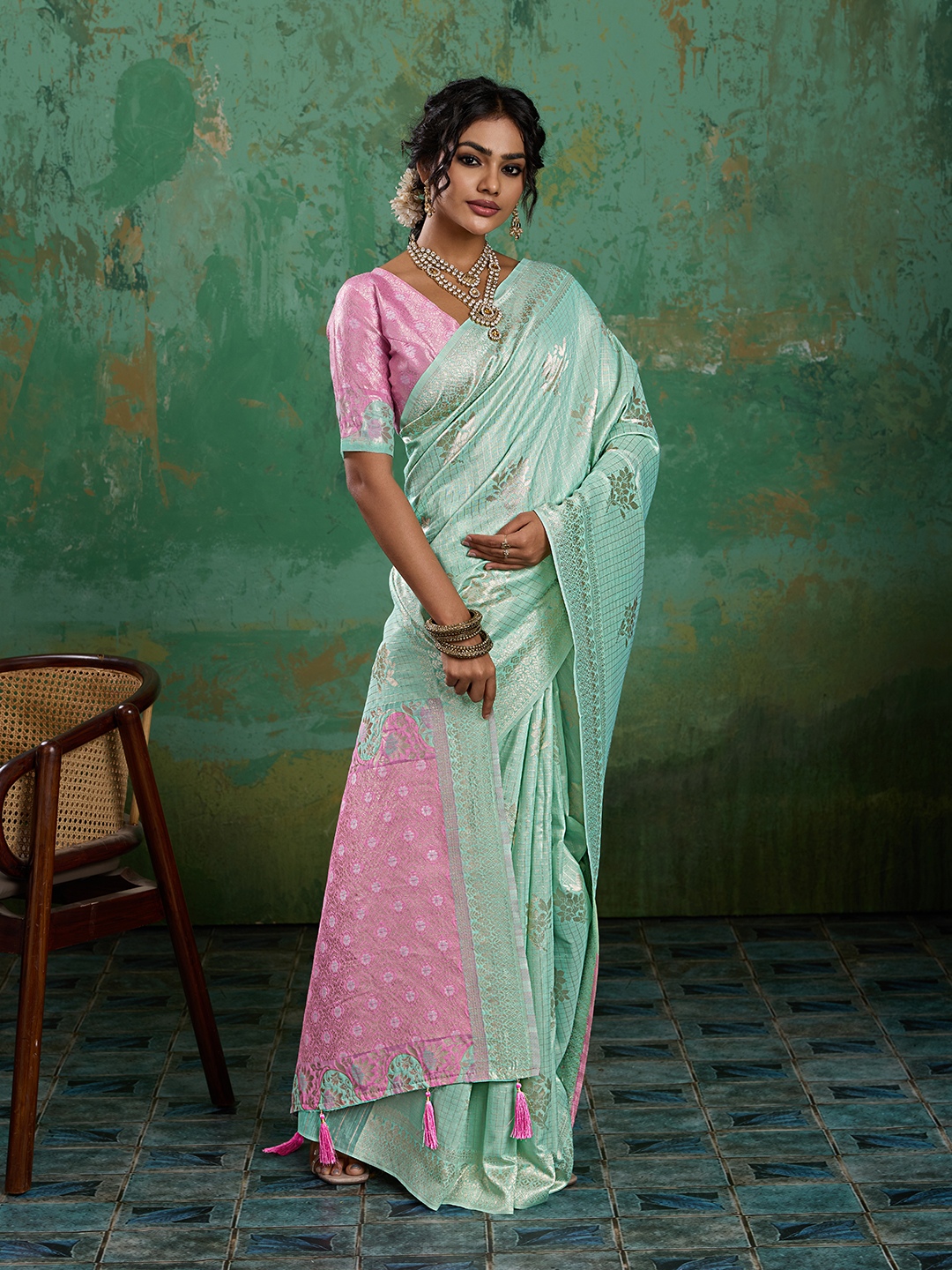 Sea Green Woven Zari Linen Saree