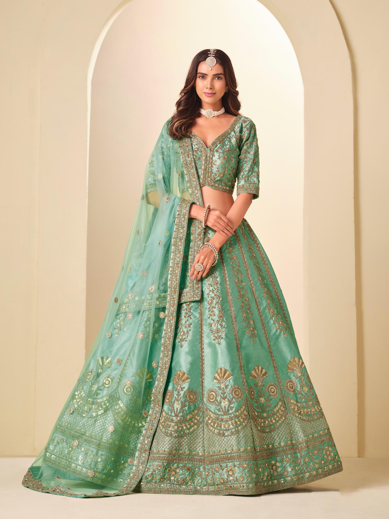 Sea Green Zari Resham Embroidered Lehenga Choli