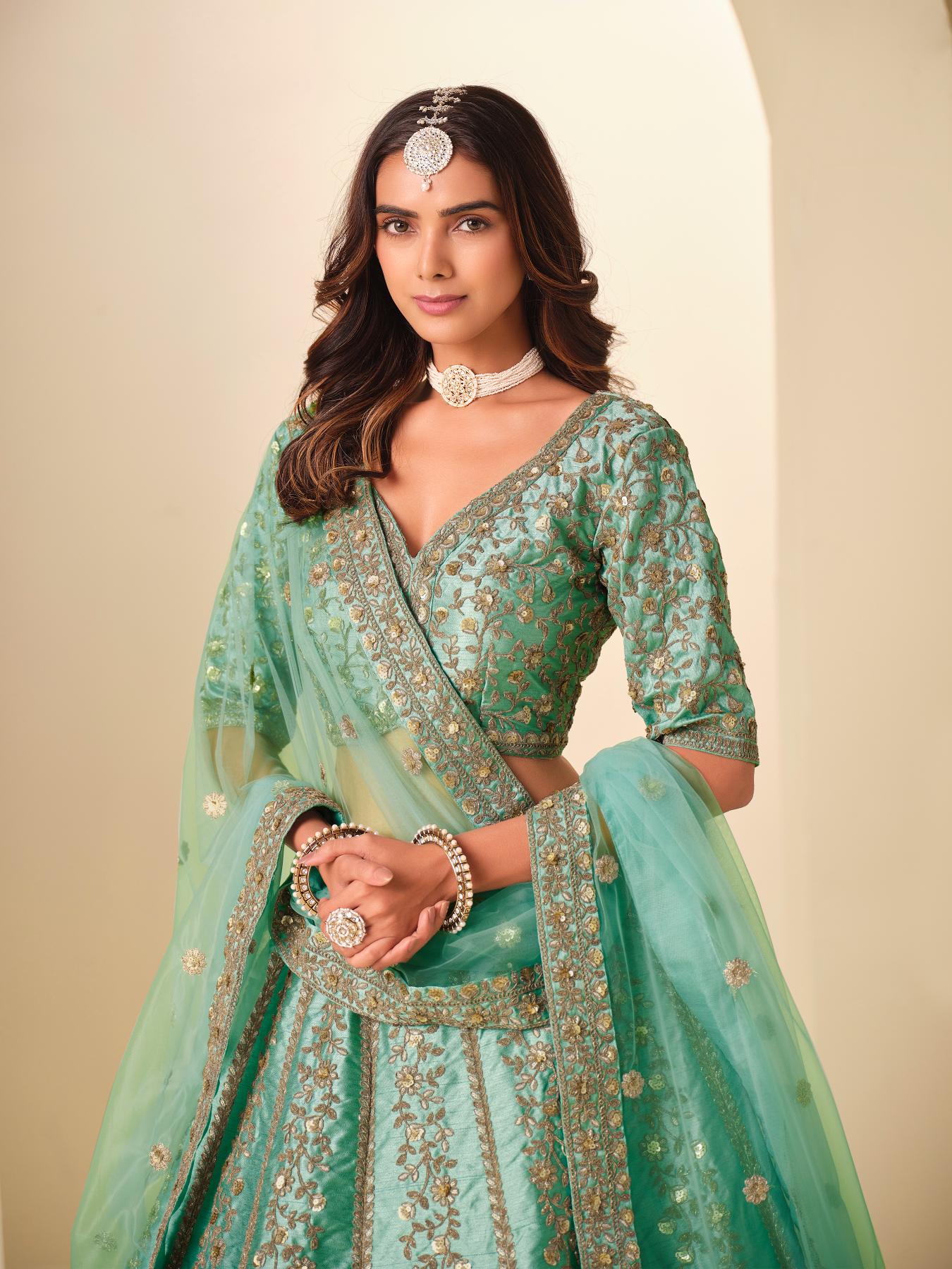 Sea Green Zari Resham Embroidered Lehenga Choli