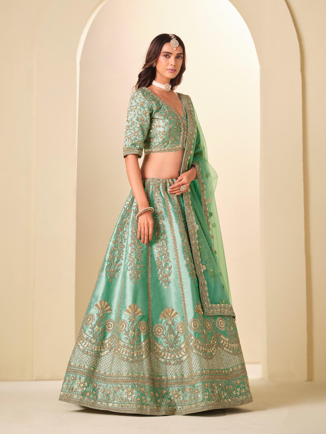 Sea Green Zari Resham Embroidered Lehenga Choli